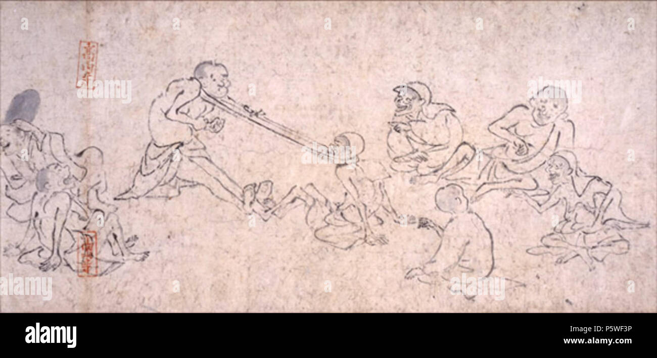 N/A. Inglese: due persone giocare tug-a-guerra con le loro teste in ex parte della terza chiocciola della Chj-jinbutsu-giga. 1200s. Sconosciuto 342 Chouju tugwar Foto Stock