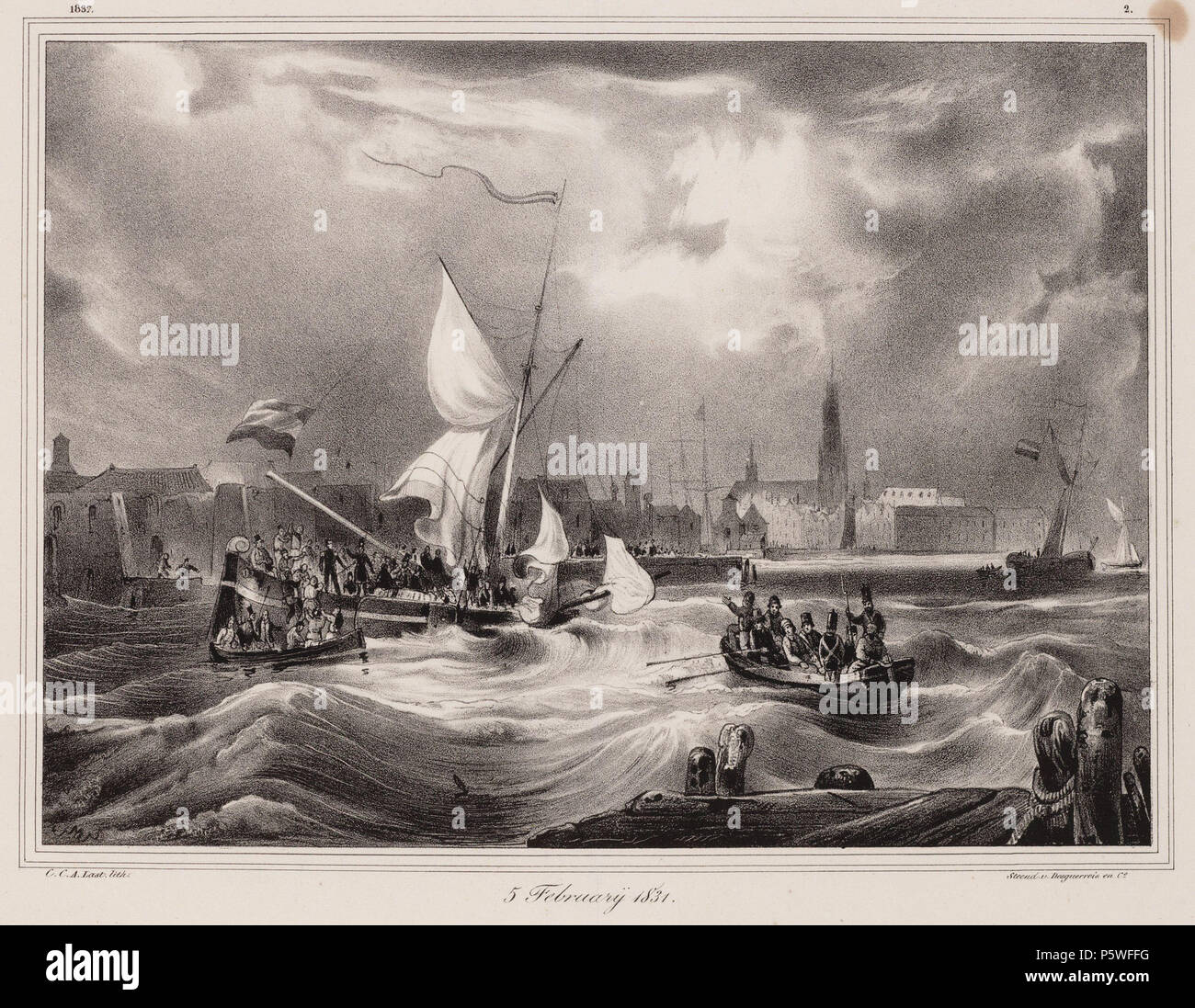 N/A. Nederlands: Beschrijving 5 Februarij 1831 Overval der Belgen op 's terre kanoneerboot nummer 2 te Antwerpen. Techniek: krijtlitho. Documenttype prent Vervaardiger ultimo, Carel Christiaan Antony Desguerrois en Co Collectie Collectie Stadsarchief Amsterdam: tekeningen en prenten Datering 5 februari 1831 Inventarissen http://archief.amsterdam/archief/10097/010097007077 Afbeeldingsbestand 010097007077 . 5 febbraio 1831. Desguerrois en Co 439 Desguerrois en Co, Afb 010097007077 Foto Stock