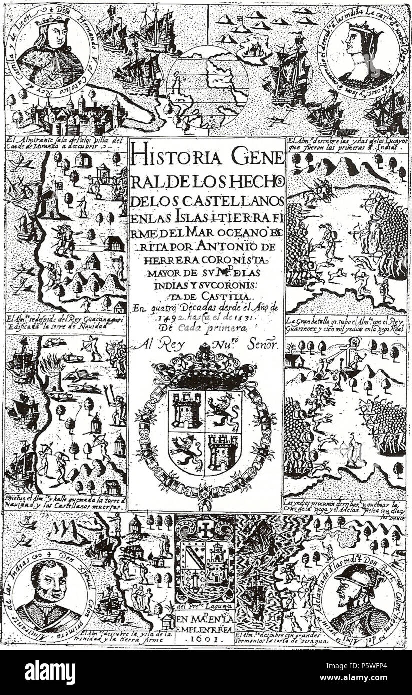 N/A. Español: Portada de la primera Década de Antonio de Herrera y Tordesillas. 1601. Sconosciuto 431 Decada1Herrera Foto Stock