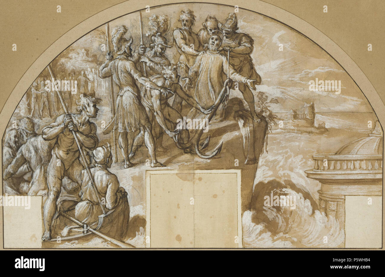 N/A. Inglese: Artista: Agostino Ciampelli (italiano, Firenze 1565-Roma 1630) Data: 1565-1630 medie: Penna e inchiostro bruno, spazzola e lavaggio marrone, evidenziata con bianco, oltre gesso nero su carta marrone Dimensioni: 11-1/4 x 17-7/16 in. (28,6 x 44,3 cm) . Il XVII secolo. Agostino Ciampelli (1566-1630) 348 Ciampelli il martirio di san Clemente I, papa Foto Stock