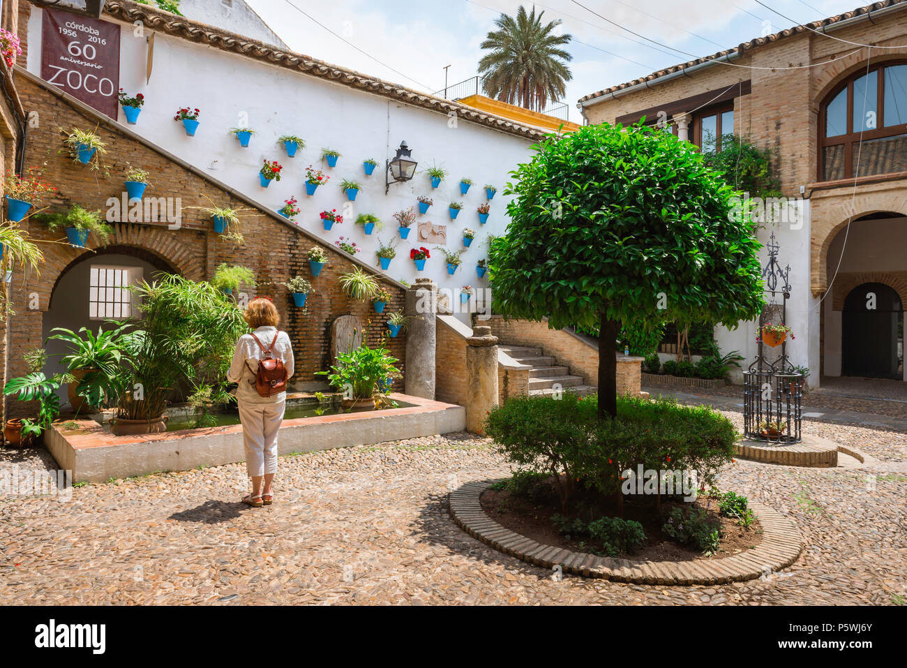 Andalusia spagna patio, una donna solo traveler guarda alla ceramica vasi di fiori nel patio del Zoco giardino nel cortile a Cordoba, Andalusia. Foto Stock