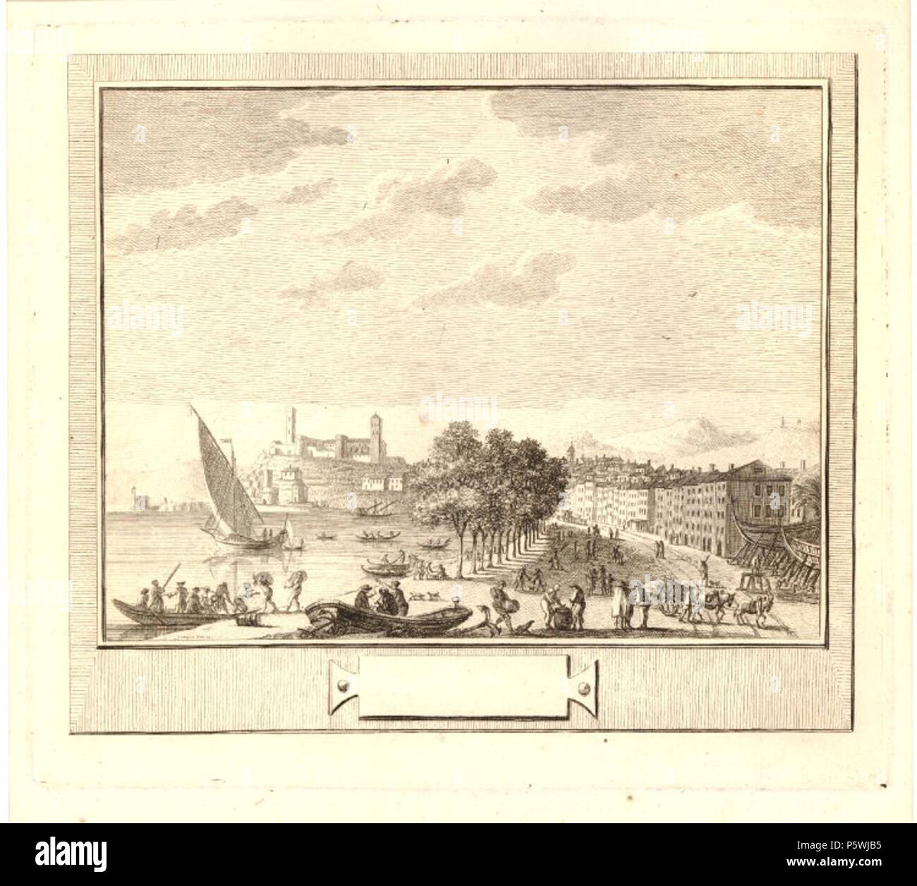 N/A. Inglese: "euxieme vue de Cannes", vista del lungomare, linea di alberi, barche e una chiesa sulla collina in background, attacco (prova prima scritte), dal poeta francese ed incisore Charles Michel Campion. 178 mm x 202 mm. La cortesia del British Museum di Londra. 1772. Charles Michel Campion 445 Deuxieme vue de Cannes da Charles Michel Campion 1772 Foto Stock