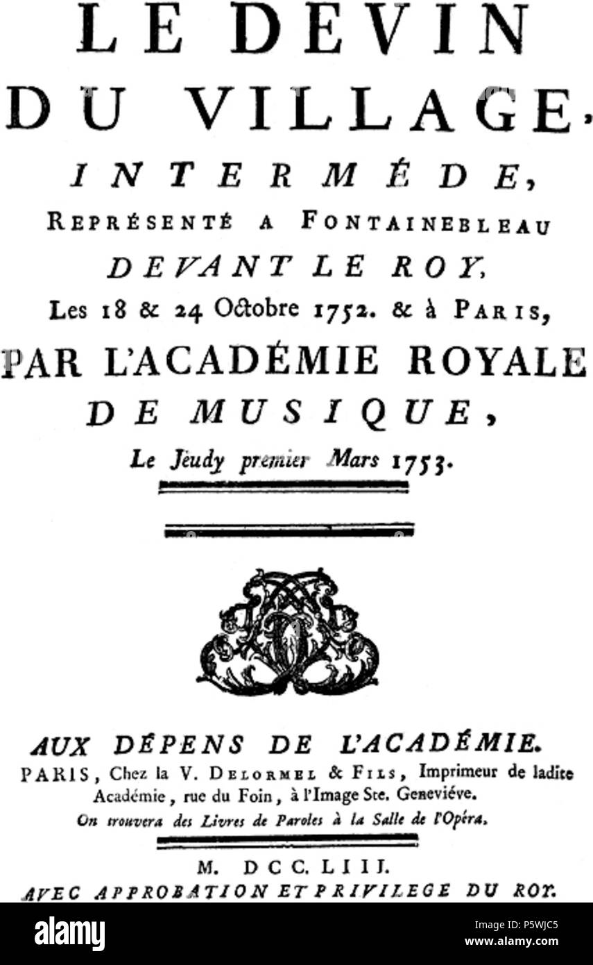 N/A. Inglese: Titolo pagina di Le Devin du Village (libretto), parole e musica da Jean Jacques Rousseau (1712-1778) . 1753. Jean Jacques Rousseau (1712-1778) 446 DevinVillage Foto Stock