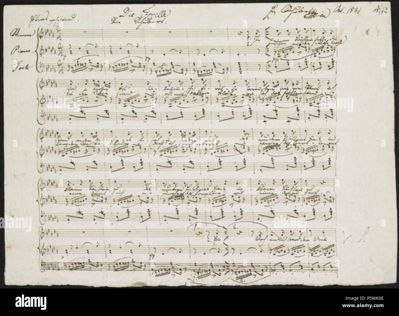N/A. Inglese: scritto a mano copia del 'Die Forelle' di Franz Schubert, pubblicato nel 1817 . 4 marzo 2013, 19:41:33. Franz Schubert (1797-1828) nomi alternativi Franz Peter Schubert Descrizione Il compositore austriaco Data di nascita e morte 31 Gennaio 1797 19 Novembre 1828 Luogo di nascita e morte Vienna IX. (Alsergrund), Impero Austriaco Vienna periodo di lavoro di classicismo e romanticismo posizione Lavoro Vienna, Želiezovce competente controllo : Q7312 VIAF:29719275 ISNI:0000 0001 2095 8492 LCCN:N50000561 NLA:36175891 MusicBrainz:f91E3A88-24ee-4563-8963-fab73D2765ed WorldCat 452 Die Forelle Foto Stock