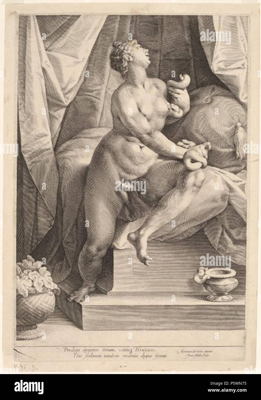 N/A. Cleopatra da Jan Muller, dopo Adriaen de Vries, c. 1598. Incisione su carta vergata, 40,6 x 28 cm (16 x 11 in.). National Gallery of Art di Washington . circa 1598. Jan Harmensz. Muller (1571-1628) nomi alternativi Jan Muller, Joannes Muller, Joannes Harmensz. Muller Descrizione pittore olandese, disegnatore e incisore ed editore Data di nascita e morte 1 luglio 1571 (battezzato) 18 aprile 1628 (sepolta) Luogo di nascita e morte Amsterdam Amsterdam periodo di lavoro tra circa 1591 e circa 1628 sede di lavoro Amsterdam (circa 1591-1628), Anversa (1595), Italia (1595) Autorità di controllo : Q272 Foto Stock