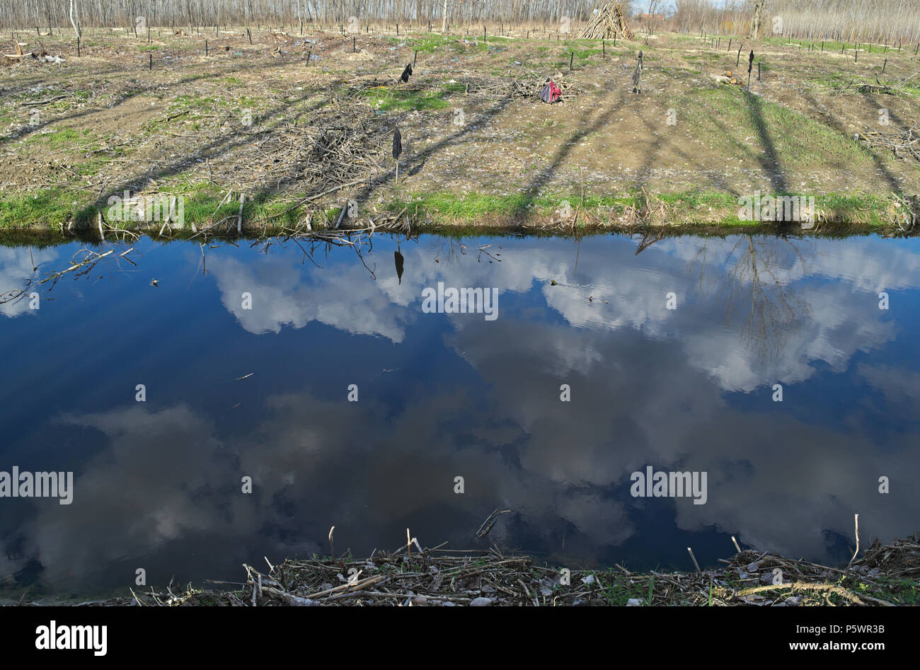 Canale di irrigazione durante la primavera e l'altro lato Foto Stock