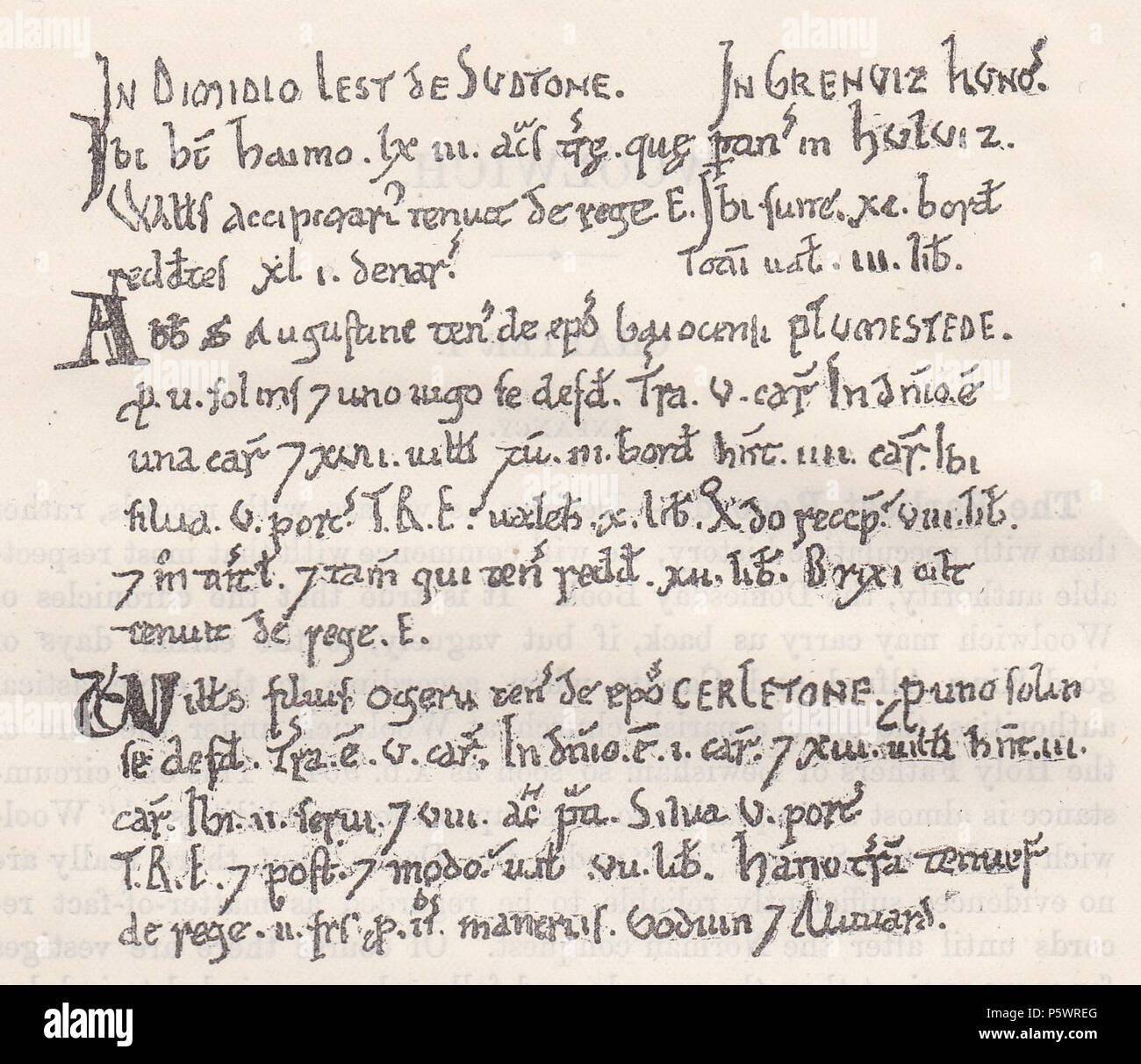 N/A. Inglese: Un estratto dal 1086 Domesday Book in cui si parla di Woolwich ("Hulviz', probabilmente North Woolwich), Plumstead ("Plumstede') e Charlton ("Cerletone'). Traduzione: Nel Half-Lath di Sudtone, in Greenviz centinaia, Haimo vi ha sessanta-tre acri di terra che si riferiscono a HULVIZ. William il falconiere ricoperto di King Edward. Vi sono undici bordars vi, rendering quarantuno pence. Il tutto vale la pena di tre libbre. [In Litelai cento] l'Abate di San Agostino detiene del Vescovo di Baieux PLUMSTEDE. Essa risponde per due sulings e una forcella. Vi è il terreno arabile cinque squadre Foto Stock