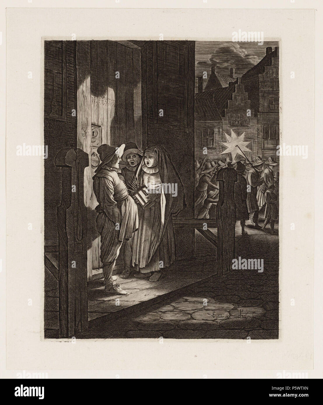 N/A. Nederlands: Beschrijving Driekoningenavond Op de voorgrond drie zingende mensen met een lantaarn voor een huisdeur. Op de achtergrond een stoet mensen met een lantaarn in de vorm van een ster. Afmetingen: 205x160 mm. Techniek: ets. Afmetingen: 205 x 160 mm Documenttype prent Vervaardiger Visscher, Claes Jansz (1587-1652), Molijn Pieter de (1595-1661) Velde, Jan van de Collectie Collectie Atlas Dreesmann" Datering 1650 ca. Inventarissen http://archief.amsterdam/archief/10094 Afbeeldingsbestand 010094007058 . circa 1650. Visscher, Claes Jansz (1587-1652) 350 Claes Jansz Visscher, Afb 0100940 Foto Stock