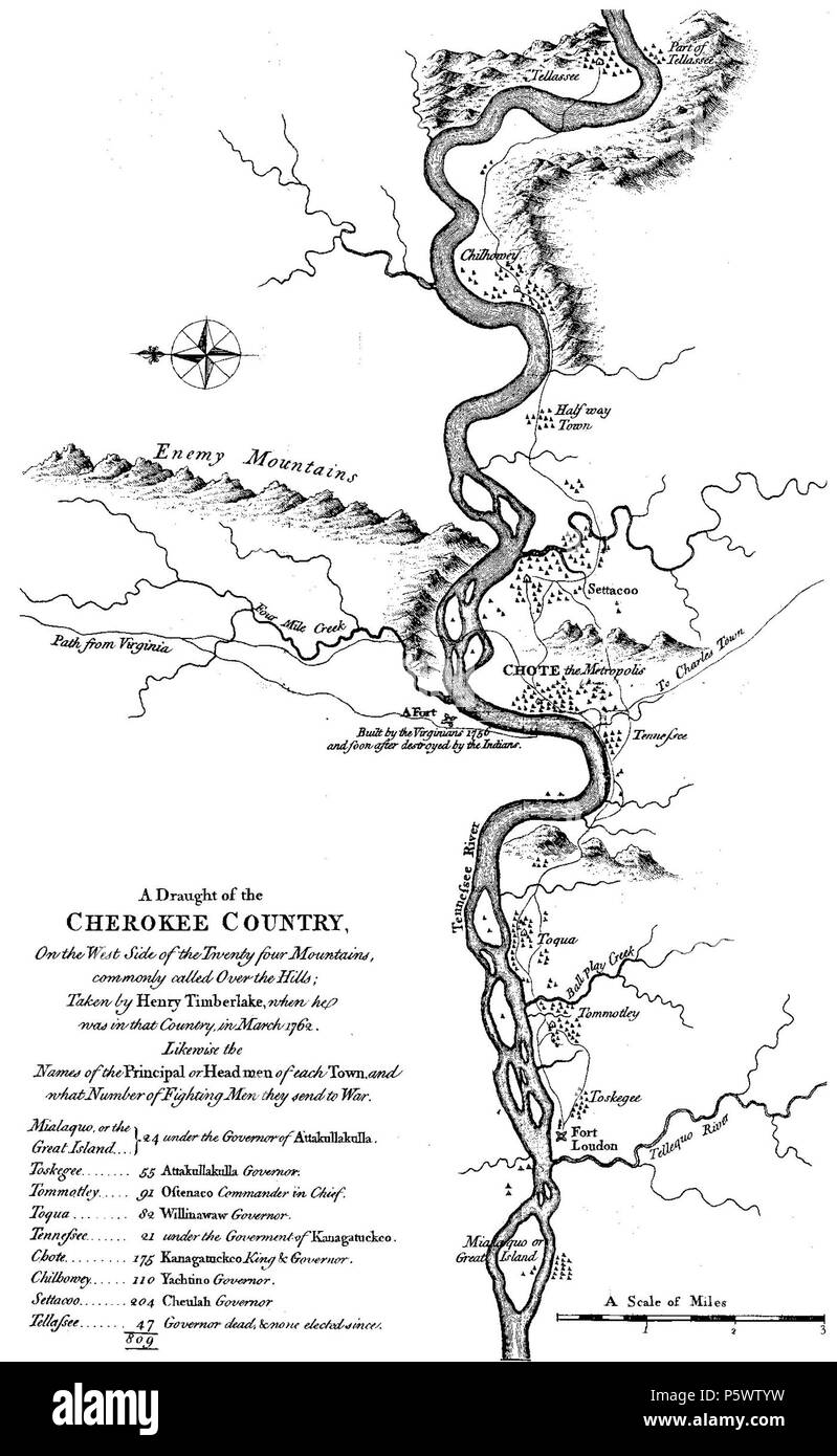 N/A. Inglese: Lt. Henry Timberlake's 'Draught del Cherokee Paese", che illustra le posizioni dei diversi Overhill Cherokee città dopo la fine della guerra Anglo-Cherokee, presi da: Timberlake, tenente di vascello Enrico. Le memorie del tenente Henry Timberlake (che ha accompagnato i tre indiani Cherokee in Inghilterra nell'anno 1762) contenente… 1765, ripubblicato come "tenente Henry Timberlake le memorie, 1756-1765" di Samuel Cole Williams, ed. Johnson City, TN, 1927 . 1765. Henry Timberlake 470 Progetto del paese Cherokee Foto Stock