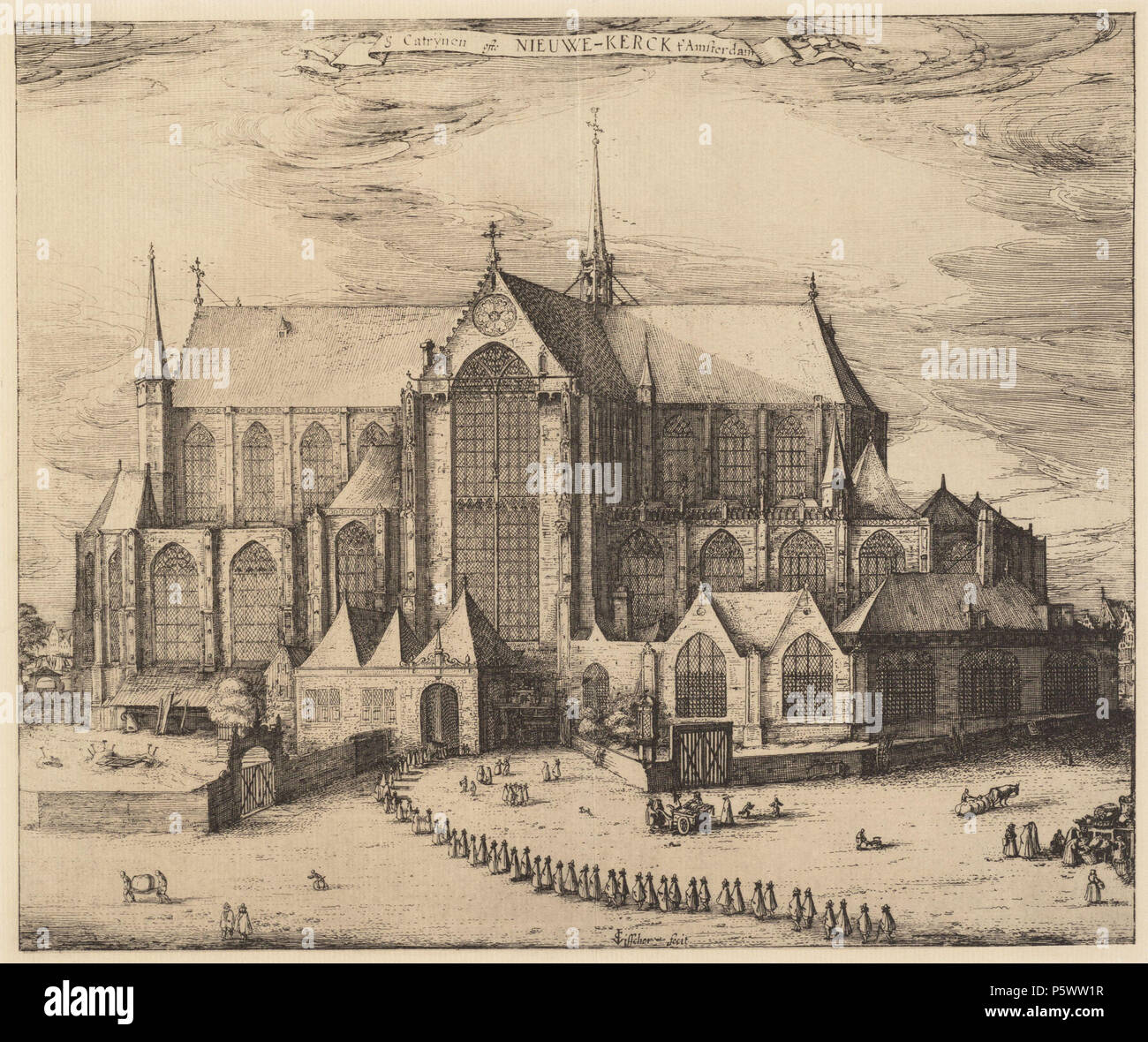 N/A. Nederlands: Beschrijving S Catrijnen ofte Nieuwe-Kerck t'Amsterdam Gezicht op de zuidzijde van de Nieuwe Kerk ha incontrato diverse aanbouwen en de beide delen van het kerkhof. Vanaf de Dam trekt een lange begrafenisstoet de kerk binnen. Techniek: Reproductie; lichtdruk naar ets. Documenttype prent Vervaardiger Visscher, Claes Jansz (1587-1652) Collectie Collectie Stadsarchief Amsterdam: tekeningen en prenten Datering 1613 Geografische naam Dam Gebouw Nieuwe Kerk Inventarissen http://archief.amsterdam/archief/10097/010097010901 Afbeeldingsbestand 010097010901 . 1613. Visscher, Claes Jansz (1587-165 Foto Stock