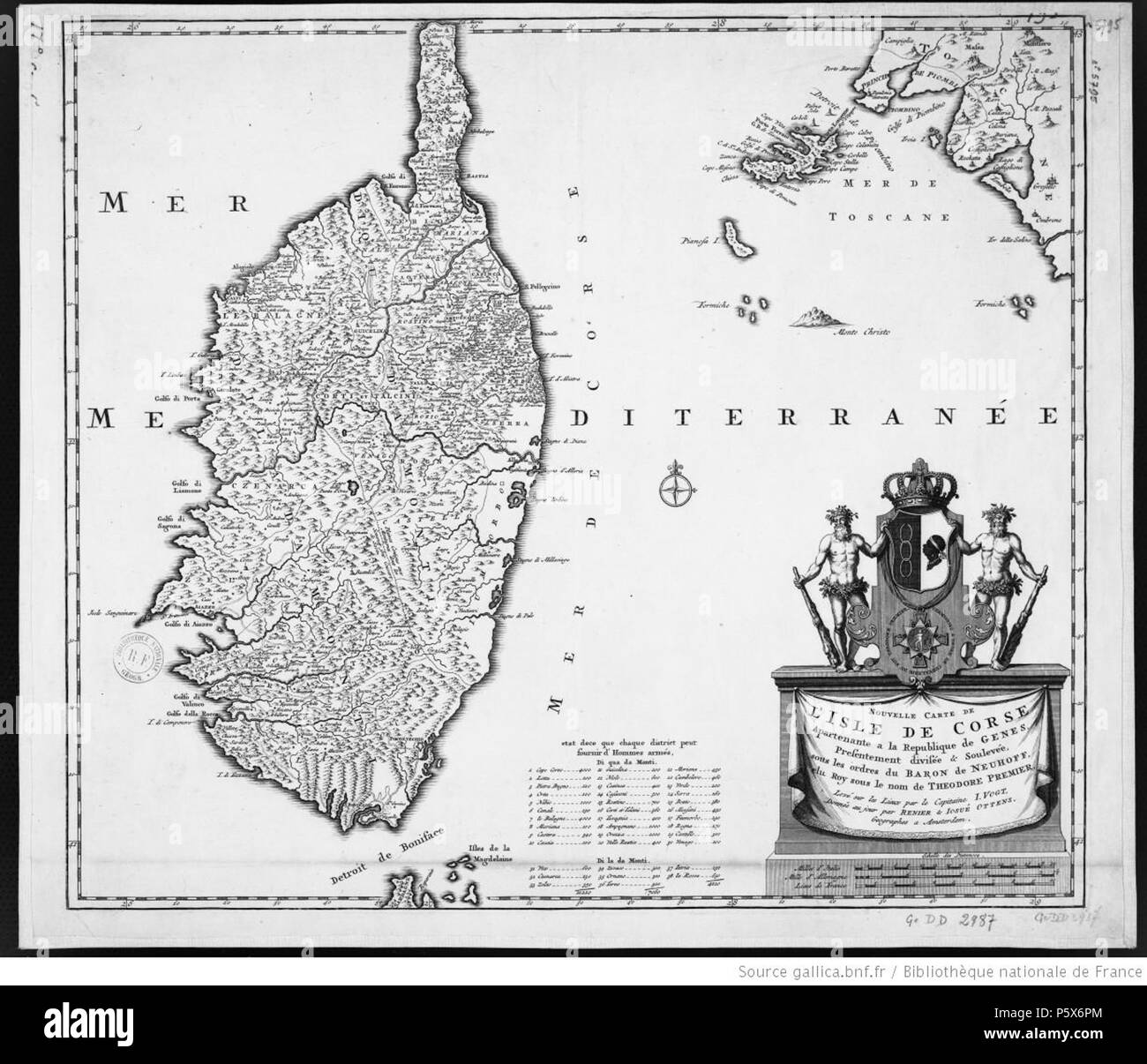 N/A. Français : Nouvelle carte de l'isle de Corse apartenante un la republique de geni, presentement divisée et soulevée, Sous les ordres du baron de Neuhoff, élu roy sous le nom de Theodore Premier / levé sur les lieux par le capitaine I. Vogt 1737 . 1737. I. Vogt 382 Corsica.1737 Foto Stock