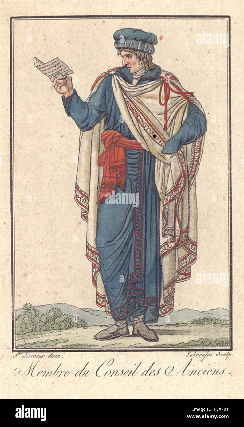 N/A. Français : Costume des membres du Conseil des Anciens. Il rotocalco extraite du recueil : "Un IVe de la République française. Costume des représentans du peuple, membres des deux conseils, du directoire exécutif, des ministres, des Tribunaux, des messagers d'Etat, huissiers et autres fonctionnaires publics, ecc, 'Même forme de vêtement [que le Conseil des Cinq-Cents] ; robe en bleu viola, la ceinture écarlate, le manteau blanc, (le tout en laine), la toque de velluti, même couleur que la robe. Ces deux vêtements ornés de broderies de couleurs. Ce Conseil esaminare les résolutions du Conseil q Foto Stock