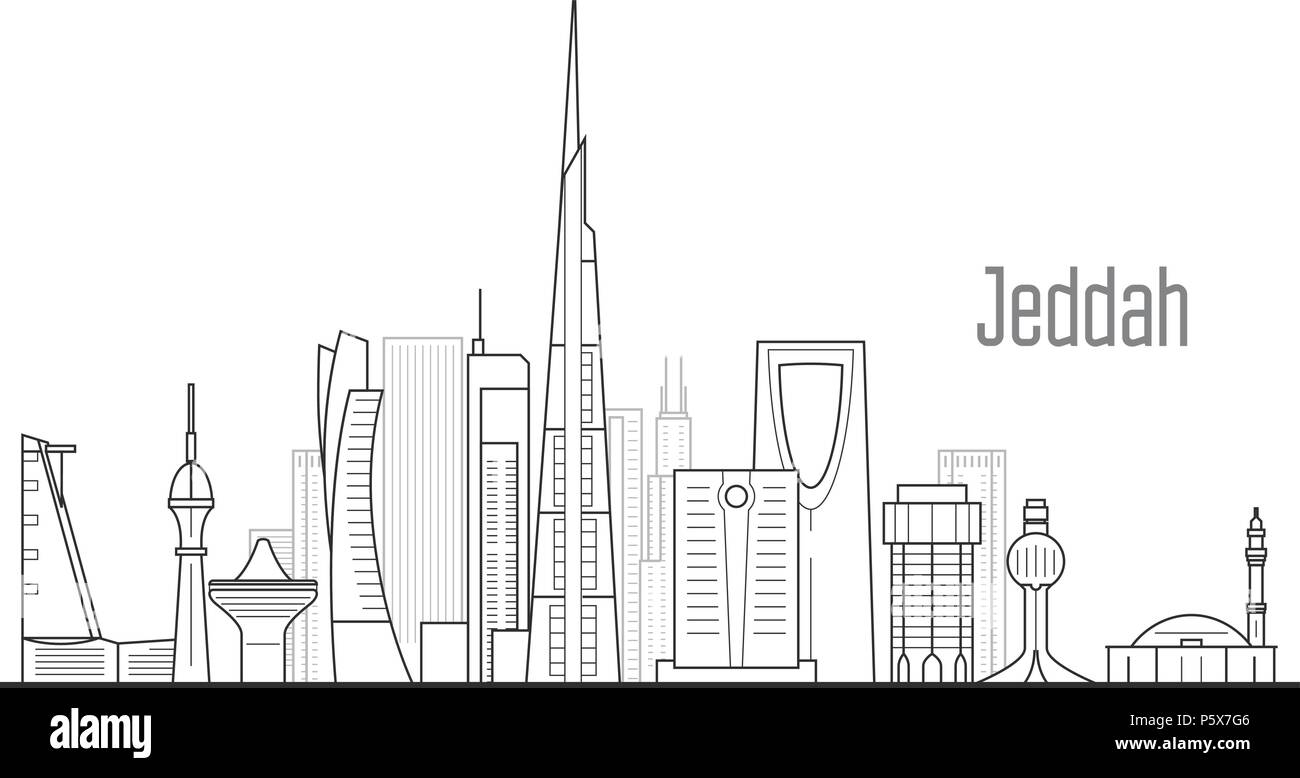 Jeddah cityscape - torri e monumenti di Jiddah, skyline della città Illustrazione Vettoriale