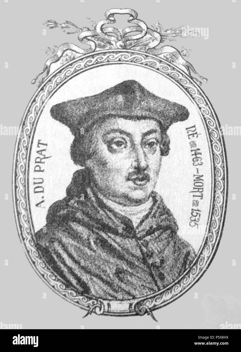 N/A. Français : Portrait de Antoine Duprat (1463-1535), cardinale français et chancelier de France. Inglese: Antoine Duprat (1463-1535), il cancelliere di Francia e il Cardinale. Deutsch: Antoine Duprat (1463-1535), französischer Kardinal und Kanzler von Frankreich. 1877. Dessin de G. Mercier. Vignette de Ch. Silvain. Imprimerie de C. Desrosiers (Moulins- 03, Francia) 486 Antoine Duprat Foto Stock