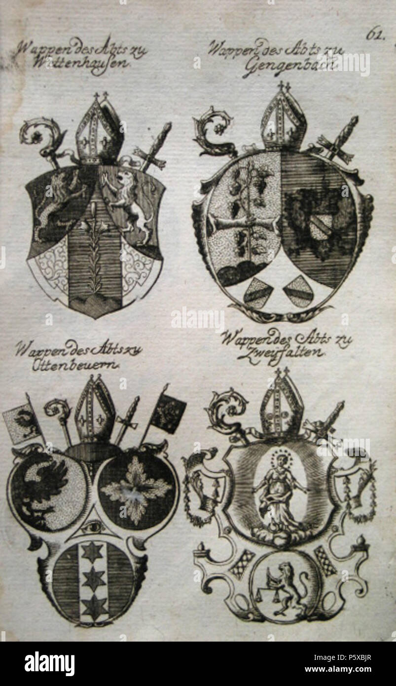 N/A. Inglese: gli stemmi degli abati imperiale di Wettenhausen, Gegenbach, Ottobeuren e Zweifalten, da un 1767 armorial . 9 Ottobre 2012 20:51:29. Armorial 'Der durchlauchtigen Welt vollständiges Wappenbuch', 1767 359 gli stemmi degli abati imperiale di Wettenhausen, Gegenbach, Ottobeuren e Zweifalten Foto Stock