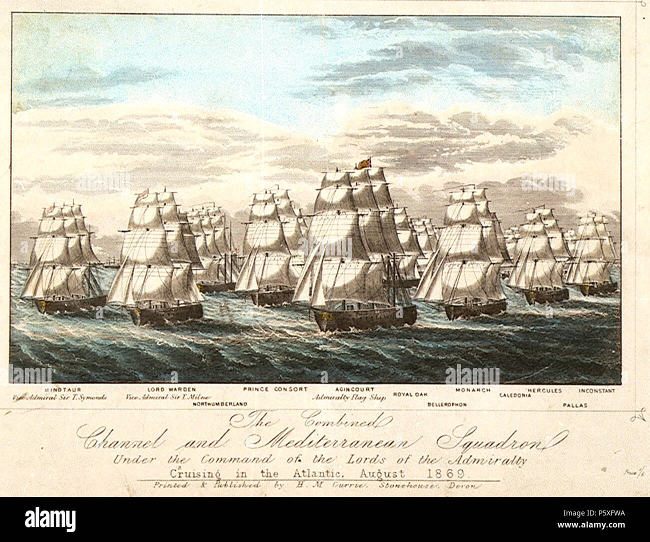 N/A. Inglese: il canale combinato e squadrone del Mediterraneo sotto il comando dei signori di Admiralty, Crociera in Atlantico, agosto 1869; incisione, colorati; navi rappresentati sono il sistema HMS Minotaur (1842), HMS Signore operaio (1865), HMS Northumberland (1798), HMS principe consorte (1862), HMS Agincourt (1817), HMS Royal Oak (1809), il principe HMS Bellerophon (1818), HMS Monarch (1765), HMS Caledonia (1808), HMS Hercules (1810), HMS Pallas (1816), e HMS incostanti (1836) . 1869 o versioni precedenti. Currie, H M. & Figlio (stampanti & editori) 371 Canale combinato e squadrone Med Foto Stock