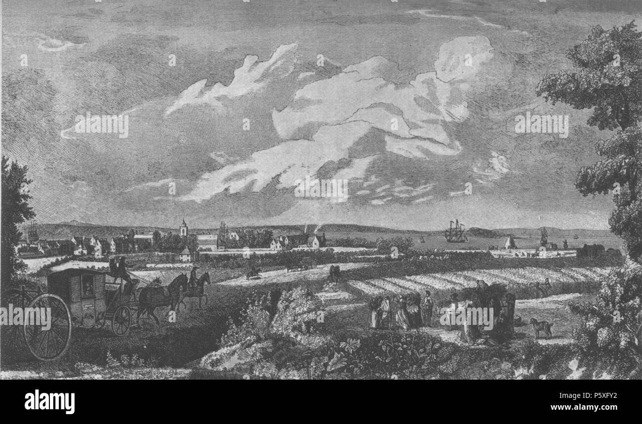 N/A. Inglese: Easter Road è descritto come "vecchio Coach Road a Leith' su una mappa del 1825 da James Kyle, Soprintendenza di strade militari. La chiesa nella distanza è Sud Leith chiesa parrocchiale, e sembra che ci sia una bottiglia di vetro forno appena a destra della nave ormeggiata in Leith strade. Nel 1763 ci sono due stadi di carrozze, con tre cavalli, un suo cocchiere e Postiglione per ogni pullman, che andò al porto di Leith [da Edinburgh] (un miglio e mezzo di distanza) ogni ora dalle 8 di mattina fino alle 8 di notte e consumata una intera ora su strada. Nel 1783 ci sono cinque o sei s Foto Stock