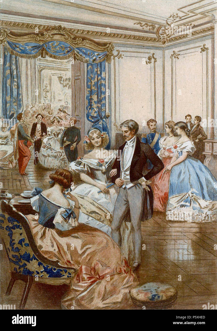 Echi del bon ton e della vita di moda nel 1850 . Una tipica scena 1850: un  hotel molto elegante e ben vestito giovane prende una pausa dalla sfera  visibile in background