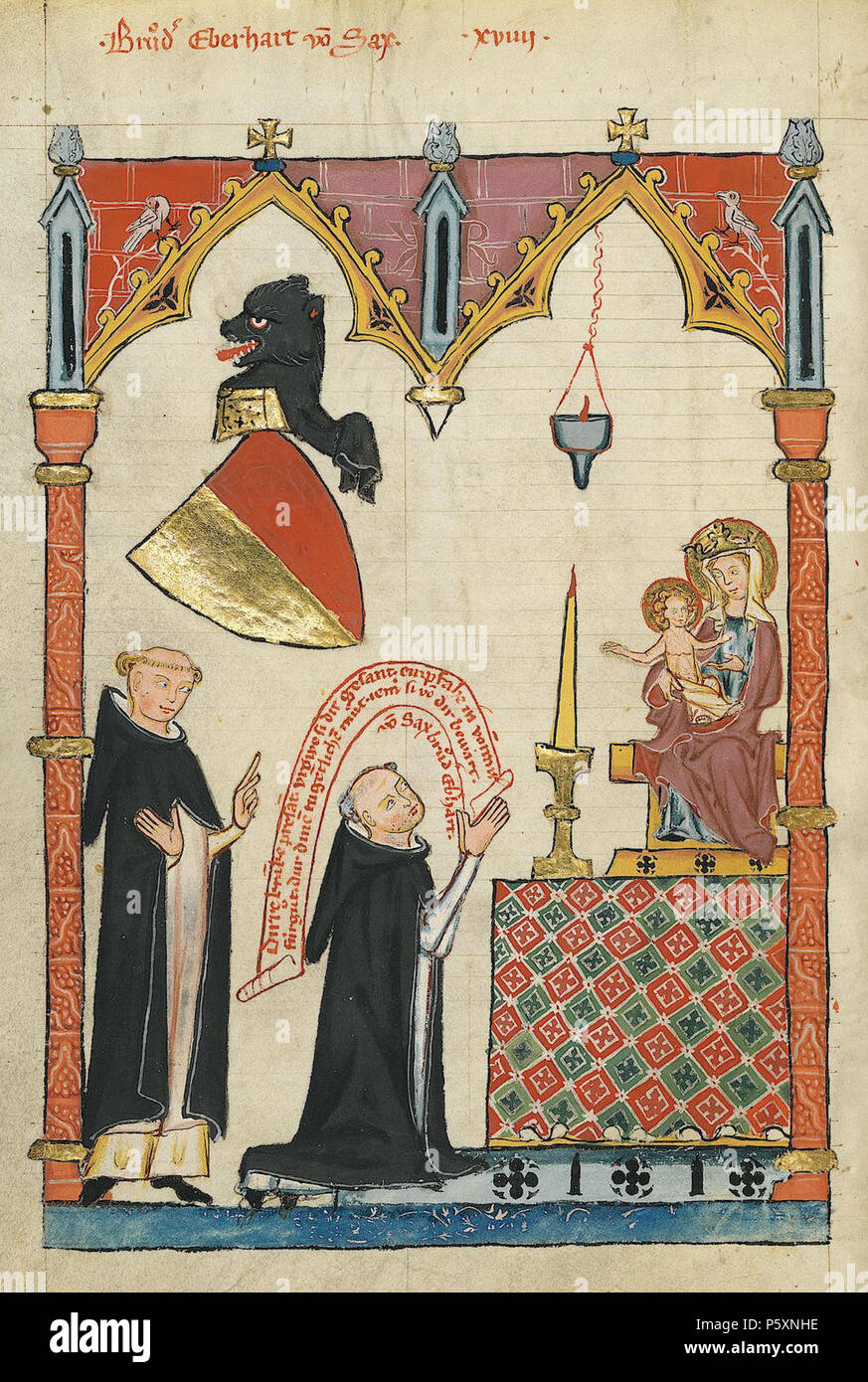 N/A. Deutsch: Codex Manesse, UB Heidelberg, Cod. Pal. germe. 848, fol. 48v: Bruder Eberhard von Sax . tra 1305 e 1340. Meister des Codex Manesse Nachtragsmaler (I) Descrizione pittore tedesco periodo di lavoro c. 1305-1340 () 363 Codex Manesse 048v Bruder Eberhard von Sax Foto Stock