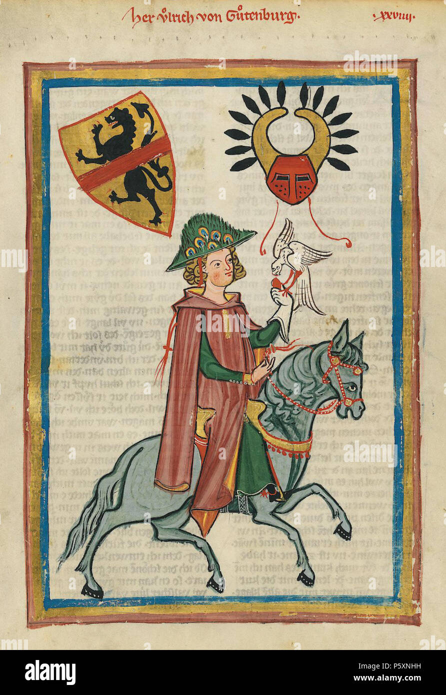 N/A. Deutsch: Codex Manesse, UB Heidelberg, Cod. Pal. germe. 848, fol. 73r: Herr Ulrich von Gutenburg . tra 1305 e 1315. Meister des Codex Manesse (Grundstockmaler) Descrizione pittore tedesco periodo di lavoro c. 1305-1340 () 363 Codex Manesse 073r Ulrich von Gutenburg Foto Stock