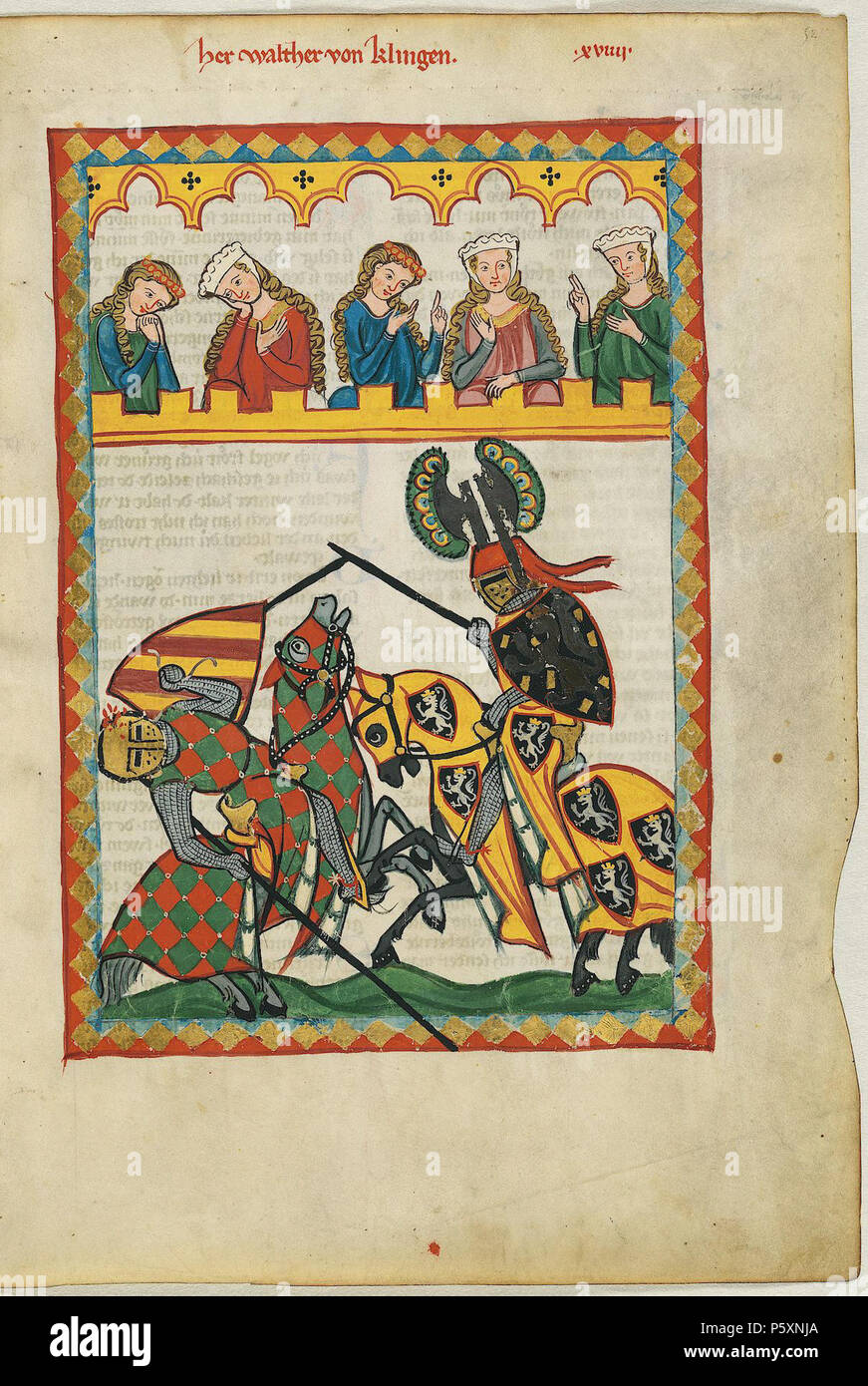 N/A. Deutsch: Codex Manesse, UB Heidelberg, Cod. Pal. germe. 848, fol. 52r: Walther von Klingen . tra 1305 e 1315. Meister des Codex Manesse (Grundstockmaler) Descrizione pittore tedesco periodo di lavoro c. 1305-1340 () 363 Codex Manesse 052r Walther von Klingen Foto Stock