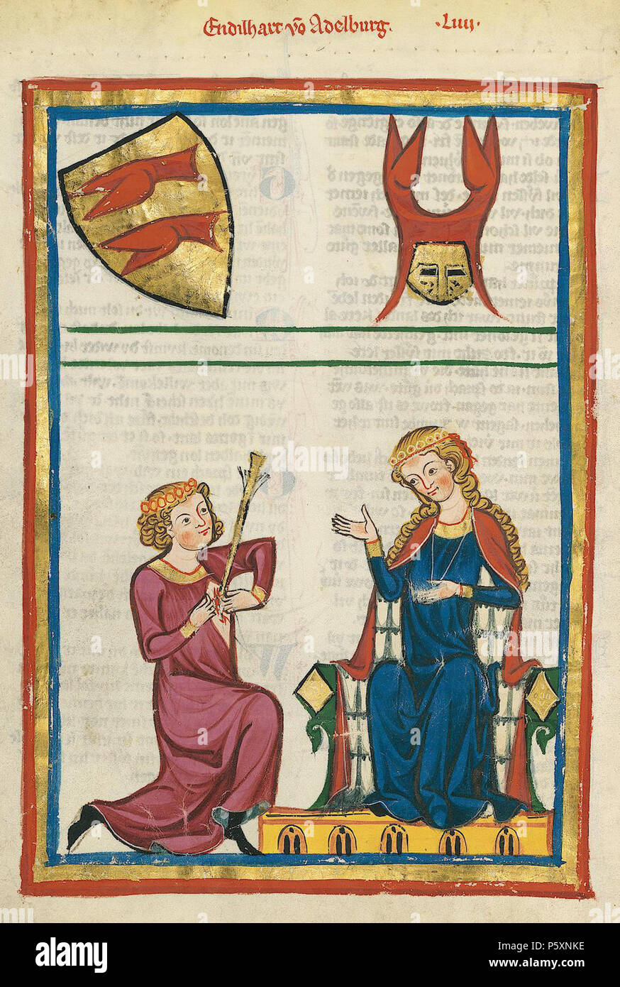 N/A. Deutsch: Codex Manesse, UB Heidelberg, Cod. Pal. germe. 848, fol. 181v: Herr Engelhardt von Adelnburg . tra 1305 e 1315. Meister des Codex Manesse (Grundstockmaler) Descrizione pittore tedesco periodo di lavoro c. 1305-1340 () 363 Codex Manesse 181v von Engelhardt Adelnburg Foto Stock