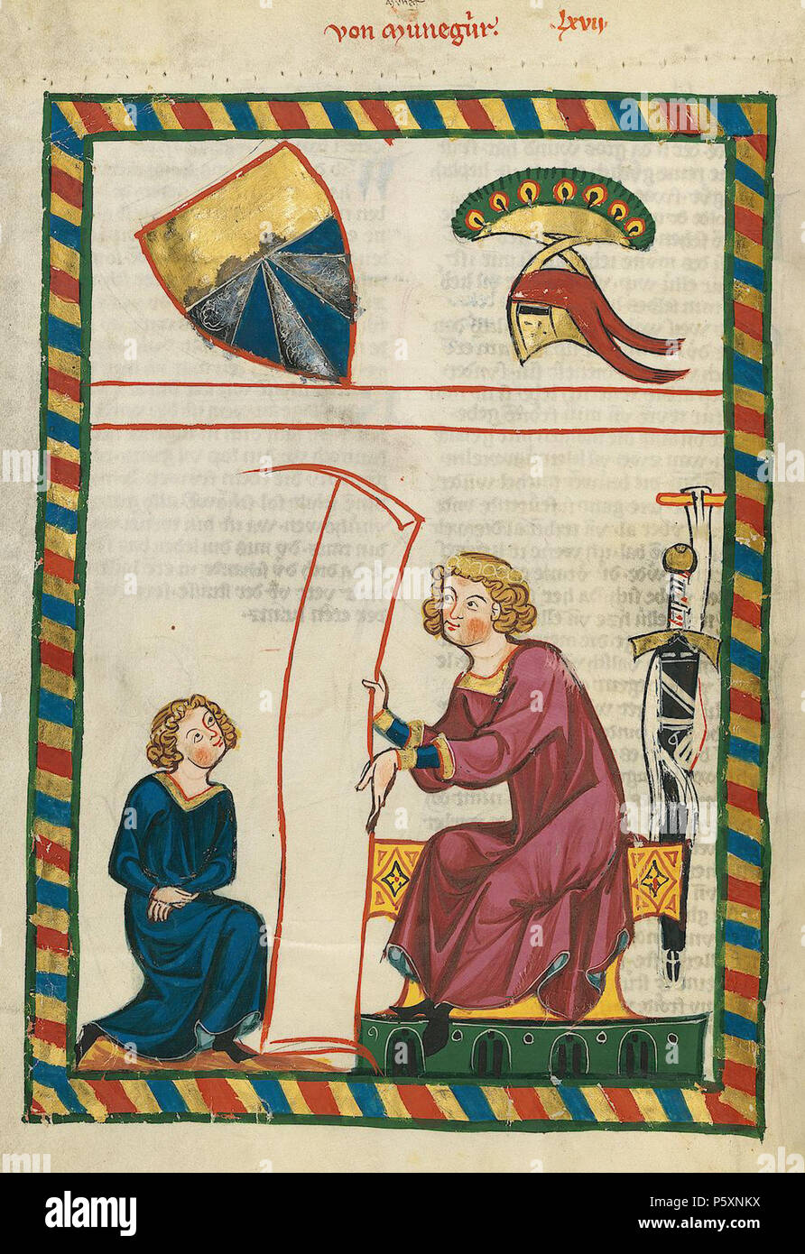 N/A. Deutsch: Codex Manesse, UB Heidelberg, Cod. Pal. germe. 848, fol. 247v: Von Munegiur . tra 1305 e 1315. Meister des Codex Manesse (Grundstockmaler) Descrizione pittore tedesco periodo di lavoro c. 1305-1340 () 363 Codex Manesse 247v Von Munegiur Foto Stock
