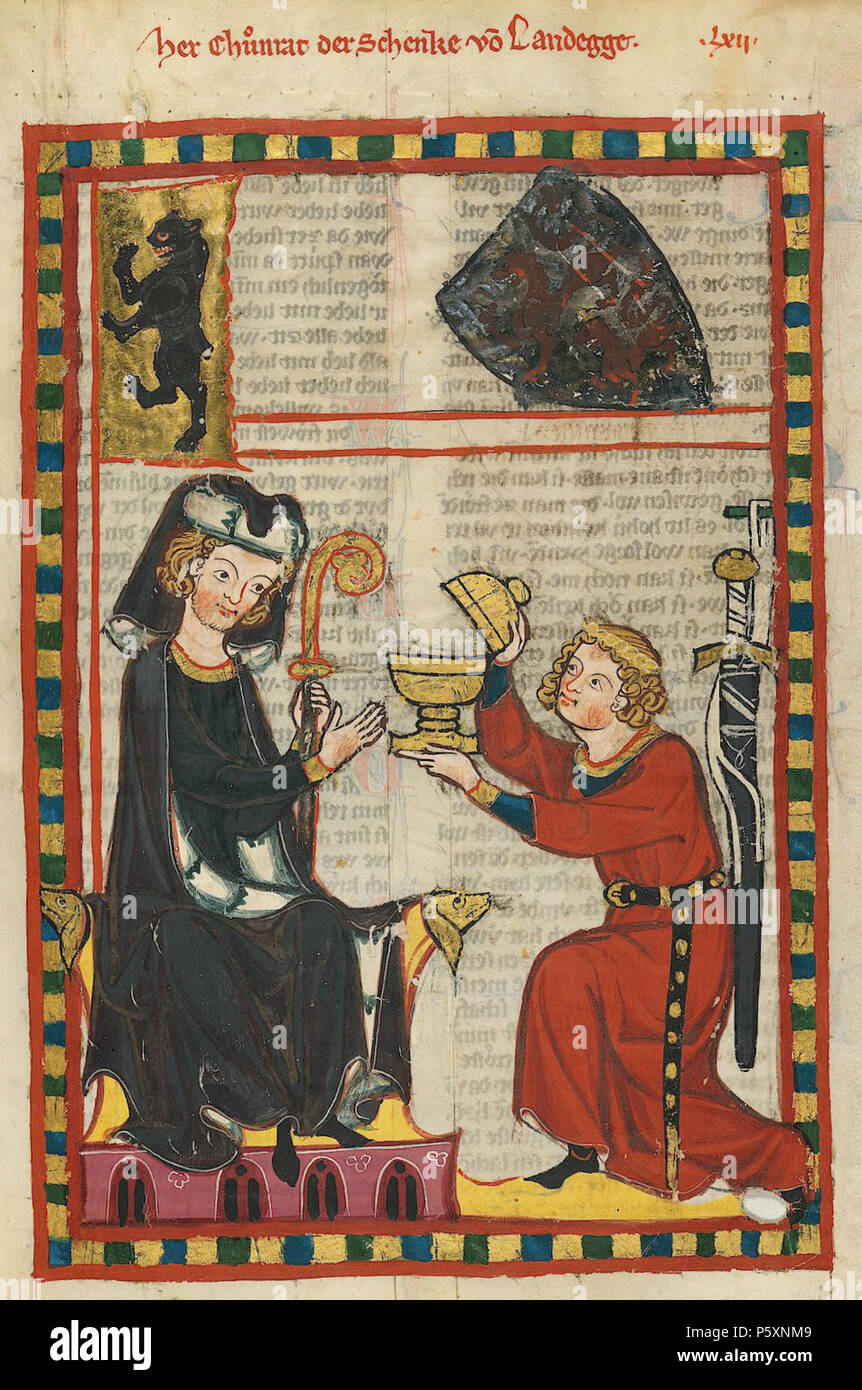 N/A. Deutsch: Codex Manesse, UB Heidelberg, Cod. Pal. germe. 848, fol. 205r: Herr Konrad, der Schenk von Landeck . tra 1305 e 1315. Meister des Codex Manesse (Grundstockmaler) Descrizione pittore tedesco periodo di lavoro c. 1305-1340 () 363 Codex Manesse 205r Konrad Schenk von Landeck Foto Stock