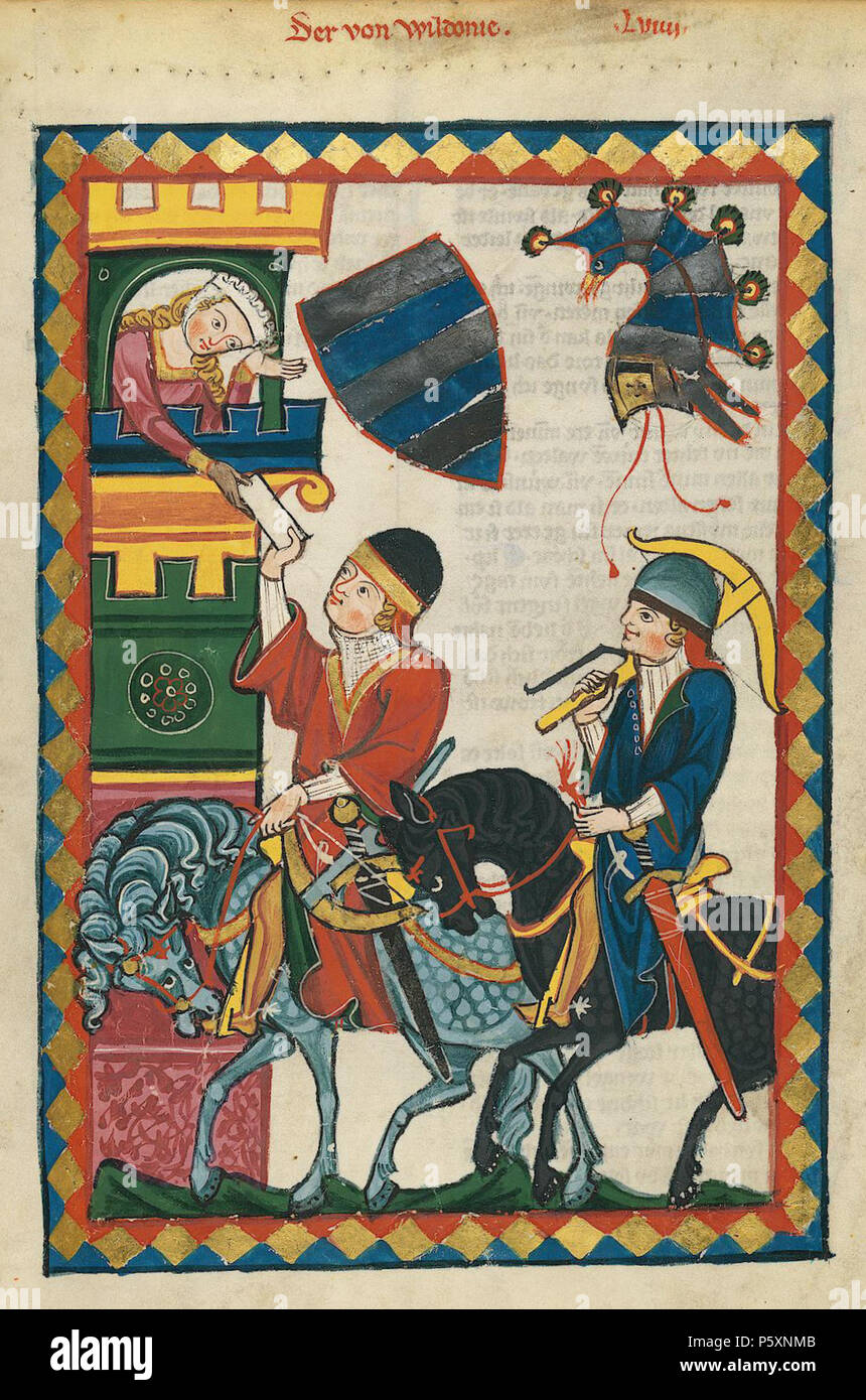 N/A. Deutsch: Codex Manesse, UB Heidelberg, Cod. Pal. germe. 848, fol. 201r: Der von Wildonie . tra 1305 e 1315. Meister des Codex Manesse (Grundstockmaler) Descrizione pittore tedesco periodo di lavoro c. 1305-1340 () 363 Codex Manesse 201r Der von Wildonie Foto Stock