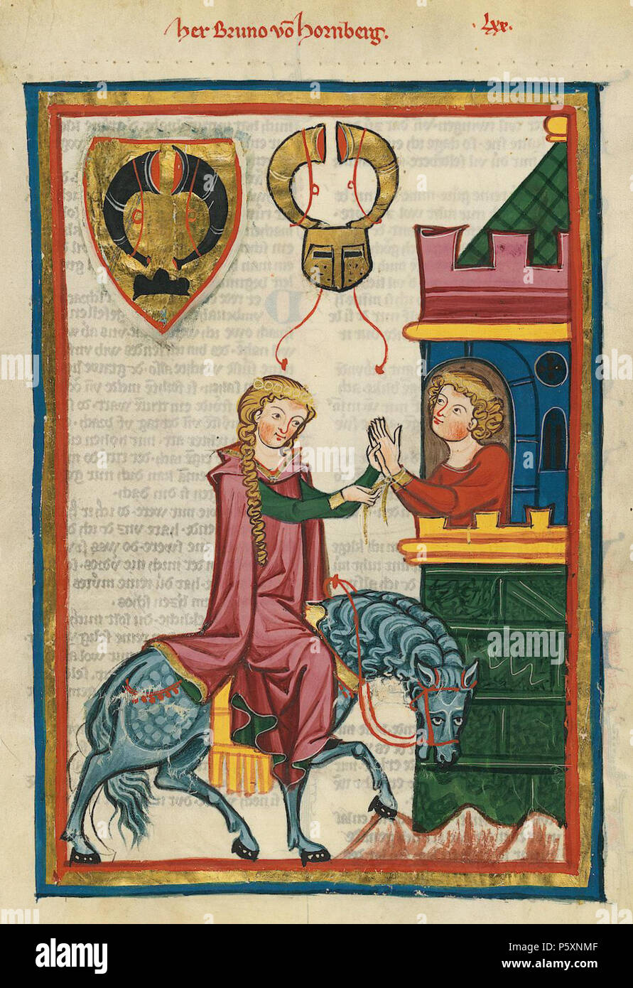 N/A. Deutsch: Codex Manesse, UB Heidelberg, Cod. Pal. germe. 848, fol. 251r: Herr Bruno von Hornberg . tra 1305 e 1315. Meister des Codex Manesse (Grundstockmaler) Descrizione pittore tedesco periodo di lavoro c. 1305-1340 () 363 Codex Manesse 251r Bruno von Hornberg Foto Stock