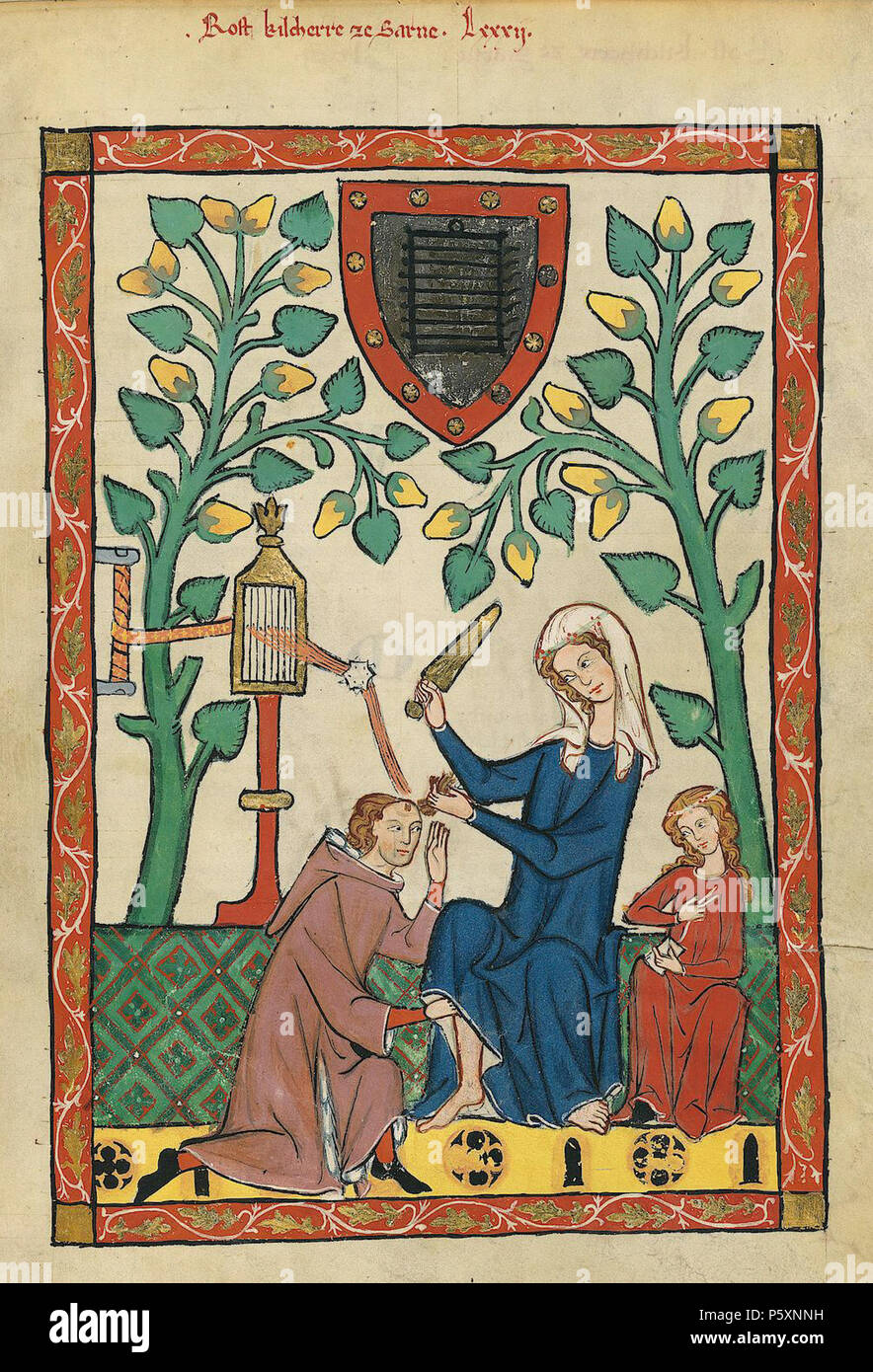 N/A. Deutsch: Codex Manesse, UB Heidelberg, Cod. Pal. germe. 848, fol. 285r: Rost, Kirchherr zu Sarnen . tra 1305 e 1340. Meister des Codex Manesse Nachtragsmaler (I) Descrizione pittore tedesco periodo di lavoro c. 1305-1340 () 363 Codex Manesse 285r Rost Kirchherr zu Sarnen Foto Stock