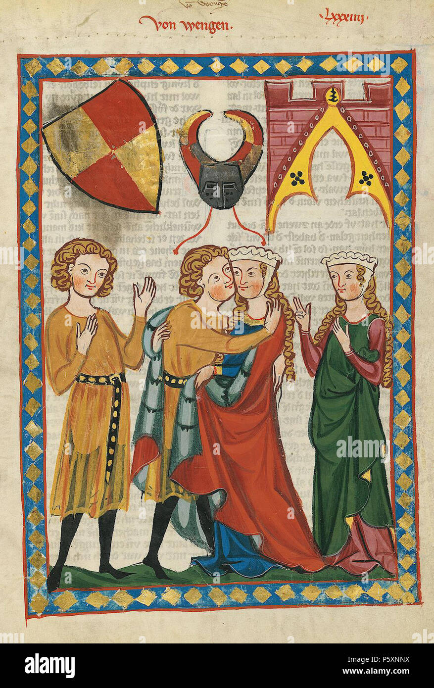 N/A. Deutsch: Codex Manesse, UB Heidelberg, Cod. Pal. germe. 848, fol. 300r: Von Wengen . tra 1305 e 1315. Meister des Codex Manesse (Grundstockmaler) Descrizione pittore tedesco periodo di lavoro c. 1305-1340 () 363 Codex Manesse 300r Von Wengen Foto Stock