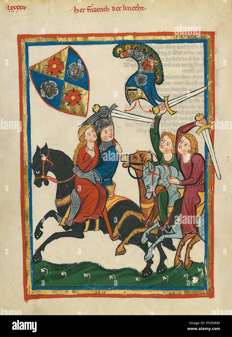 N/A. Deutsch: Codex Manesse, UB Heidelberg, Cod. Pal. germe. 848, fol. 316v: Herr Friedrich der Knecht . tra 1305 e 1315. Meister des Codex Manesse (Grundstockmaler) Descrizione pittore tedesco periodo di lavoro c. 1305-1340 () 363 Codex Manesse 316v Friedrich der Knecht Foto Stock