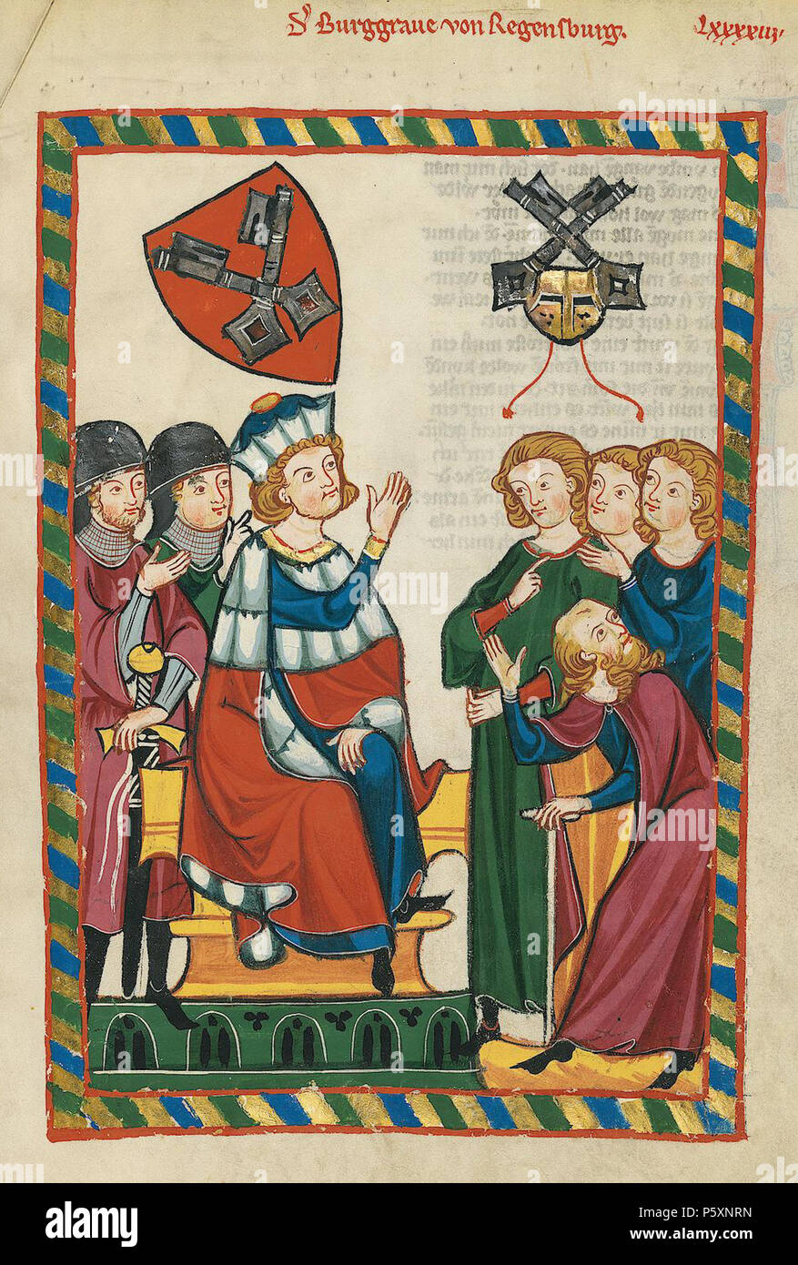 N/A. Deutsch: Codex Manesse, UB Heidelberg, Cod. Pal. germe. 848, fol. 318r: Der Burggraf von Regensburg . tra 1305 e 1315. Meister des Codex Manesse (Grundstockmaler) Descrizione pittore tedesco periodo di lavoro c. 1305-1340 () 363 Codex Manesse 318r Burggraf von Regensburg Foto Stock