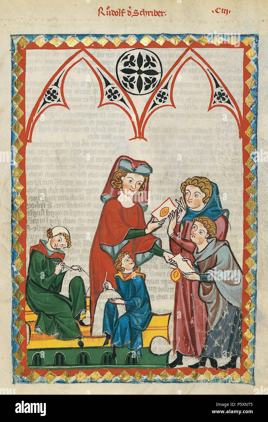 N/A. Deutsch: Codex Manesse, UB Heidelberg, Cod. Pal. germe. 848, fol. 362r: Rudolf der Schreiber . tra 1305 e 1315. Meister des Codex Manesse (Grundstockmaler) Descrizione pittore tedesco periodo di lavoro c. 1305-1340 () 363 Codex Manesse 362r Rudolf der Schreiber Foto Stock