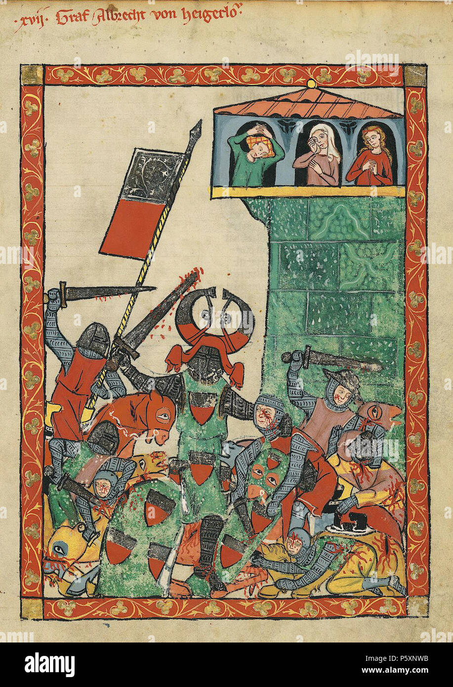 N/A. Deutsch: Codex Manesse, UB Heidelberg, Cod. Pal. germe. 848, fol. 42r: Graf Albrecht von Heigerloch . tra 1305 e 1340. Meister des Codex Manesse Nachtragsmaler (I) Descrizione pittore tedesco periodo di lavoro c. 1305-1340 () 363 Codex Manesse Albrecht von Haigerloch Foto Stock