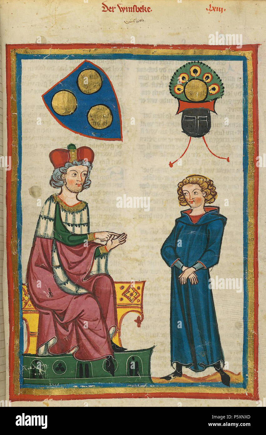 N/A. Deutsch: Codex Manesse, UB Heidelberg, Cod. Pal. germe. 848, fol. 213r, Der Winsbeke . tra 1305 e 1315. Meister des Codex Manesse (Grundstockmaler) Descrizione pittore tedesco periodo di lavoro c. 1305-1340 () 363 Codex Manesse Der Winsbeke Foto Stock