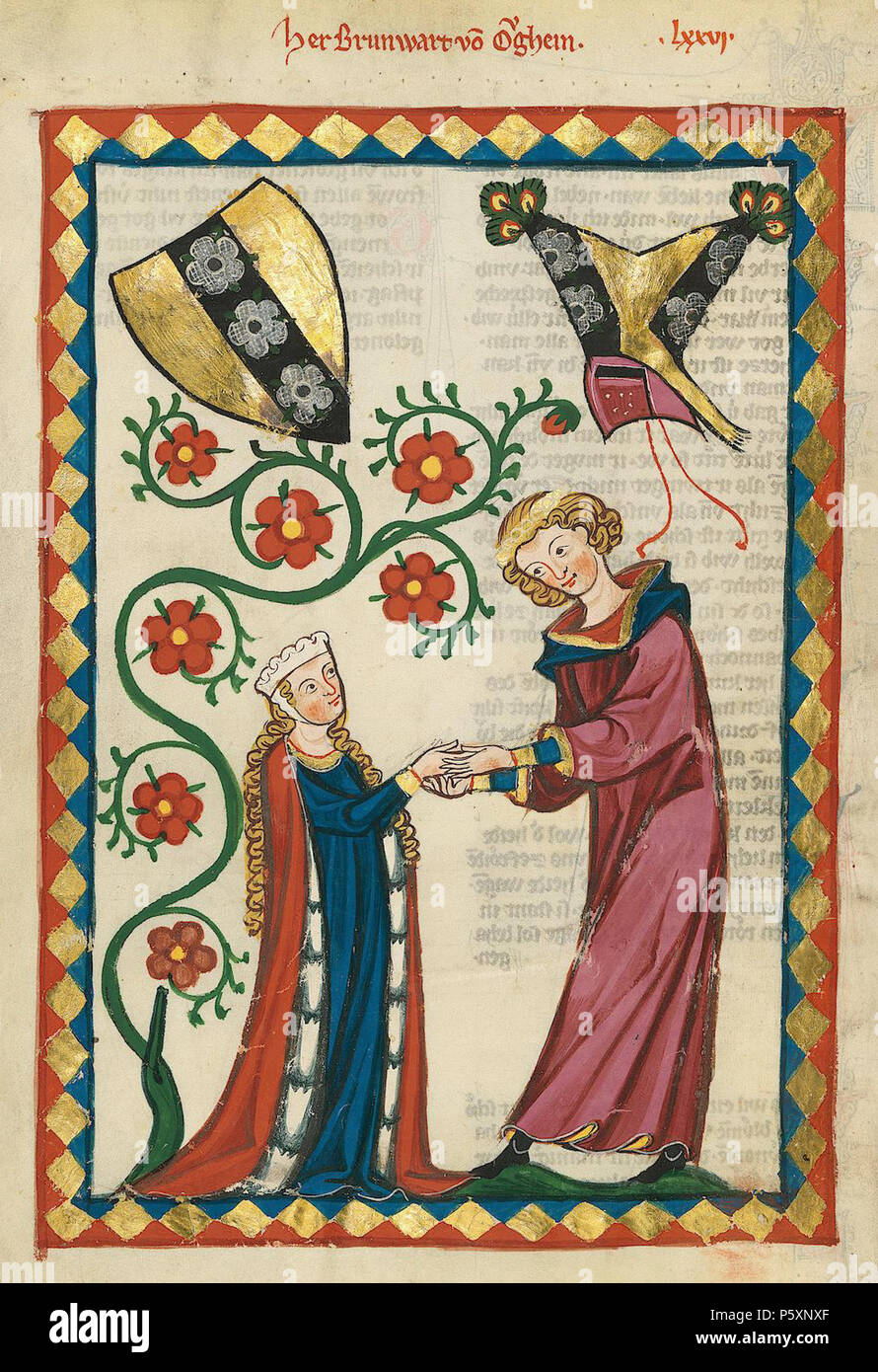 N/A. Deutsch: Codex Manesse, UB Heidelberg, Cod. Pal. germe. 848, fol. 258v: Herr Brunwart von Augheim . tra 1305 e 1315. Meister des Codex Manesse (Grundstockmaler) Descrizione pittore tedesco periodo di lavoro c. 1305-1340 () 363 Codex Manesse Brunwart von Augheim Foto Stock