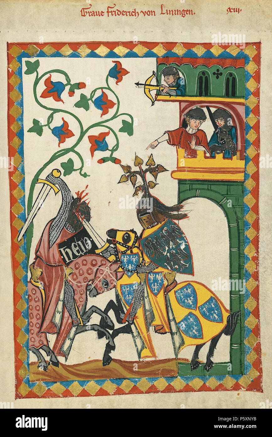 N/A. Deutsch: Codex Manesse, UB Heidelberg, Cod. Pal. germe. 848, fol. 26r: Graf Friedrich von Leiningen . tra 1305 e 1315. Meister des Codex Manesse (Grundstockmaler) Descrizione pittore tedesco periodo di lavoro c. 1305-1340 () 363 Codex Manesse Friedrich von Leiningen Foto Stock