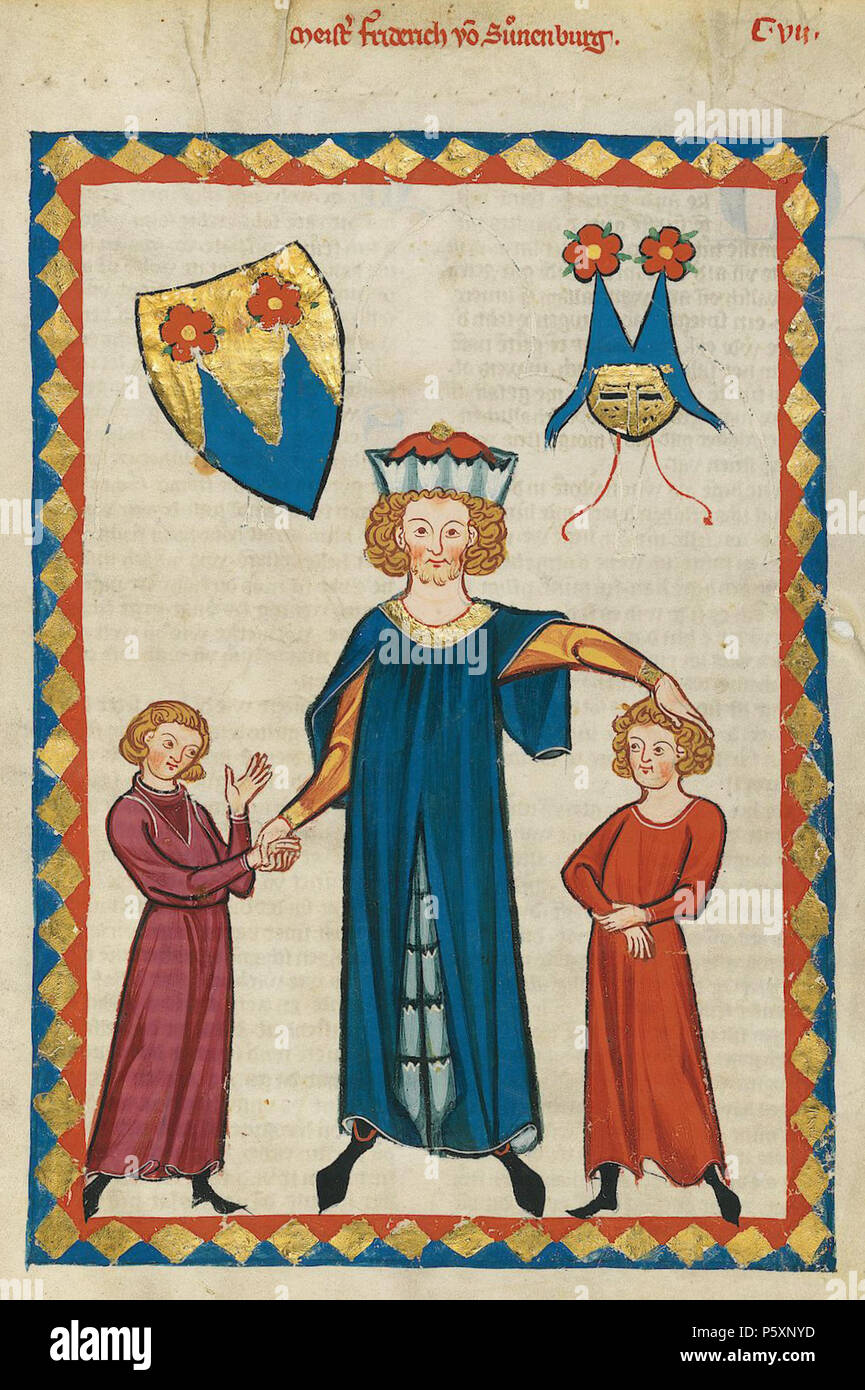 N/A. Deutsch: Codex Manesse, UB Heidelberg, Cod. Pal. germe. 848, fol. 407r, Friedrich von Sonnenburg . tra 1305 e 1315. Meister des Codex Manesse (Grundstockmaler) Descrizione pittore tedesco periodo di lavoro c. 1305-1340 () 363 Codex Manesse Friedrich von Sonnenburg Foto Stock