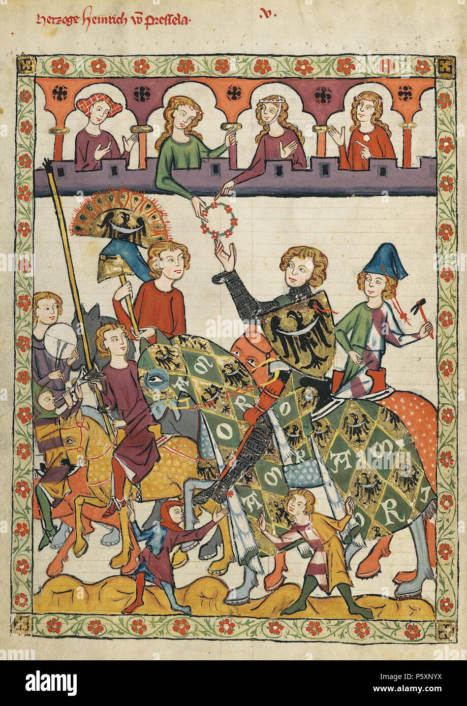 N/A. Deutsch: Codex Manesse, fol. 11v, Herzog Heinrich von Breslau (wahrscheinlich Heinrich IV. von Schlesien) Polski: Codex Manesse, fol. 11v - Enrico IV Prawy w roli zwycizcy turnieju rycerskiego, odbierajcy wieniec . tra 1305 e 1340. Meister des Codex Manesse Nachtragsmaler (I) Descrizione pittore tedesco periodo di lavoro c. 1305-1340 () 363 Codex Manesse Heinrich von Breslavia Foto Stock
