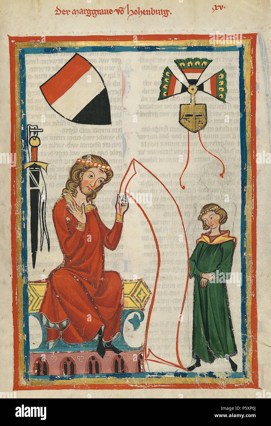 N/A. Inglese: il Margravio di Hohenburg. Codex Manesse, fol. 29r Deutsch: Der Markgraf von Hohenburg. Codex Manesse, fol. 29r. Tra il 1305 e il 1315. Meister des Codex Manesse (Grundstockmaler) Descrizione pittore tedesco periodo di lavoro c. 1305-1340 () 363 Codex Manesse Hohenburg Foto Stock
