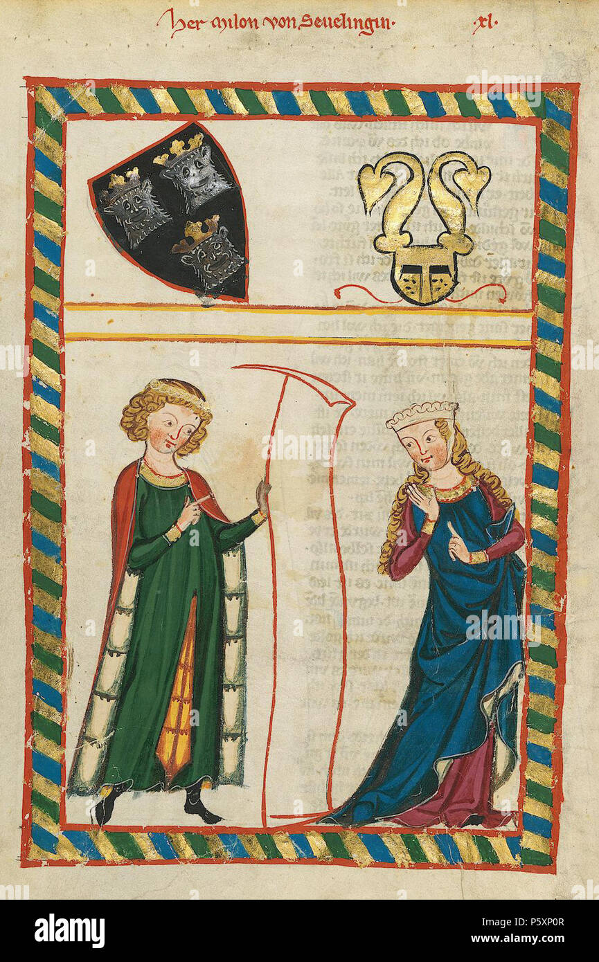 N/A. Deutsch: Codex Manesse, UB Heidelberg, Cod. Pal. germe. 848, fol. 120v: Meinloh von Sevelingen . tra 1305 e 1315. Meister des Codex Manesse (Grundstockmaler) Descrizione pittore tedesco periodo di lavoro c. 1305-1340 () 363 Codex Manesse Meinloh von Sevelingen Foto Stock
