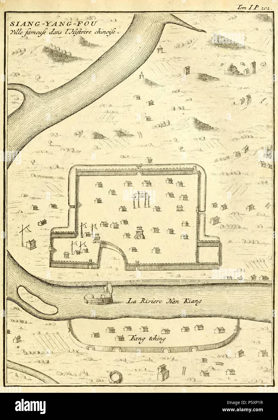 N/A. Inglese: 'Siang-yang-fou: una città famosa della storia cinese': una incisione da La Haye di edizione della descrizione della Cina, Vol. I, p. 202. Una mappa della posizione di Xiangyang e Fangcheng lungo il fiume Han. Nota che le posizioni di Xiangyang e Fangcheng sono state invertite. Français : rotocalco extraite de Descrizione de la lombata, édition de La Haye 1736. Tome 1 pagina 202. 'Siang-yang-fou: Ville famosa dans l'Histoire chinoise', avec " La Riviere Han Kiang" et "Fang-tching'. 1735. Jean-Baptiste Du Halde (1674-1743) Descrizione gesuita francese e storico della data di nascita e morte Foto Stock
