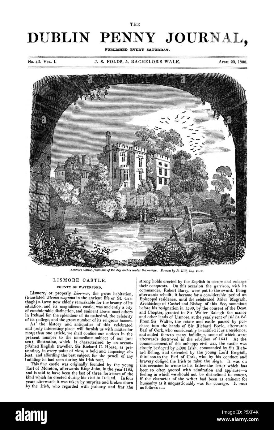 N/A. Inglese: Inglese: il coperchio anteriore del 20 aprile 1833 questioni del Dublin Penny ufficiale P. "Lismore Castle, nella contea di Waterford." Il Dublin Penny Journal, vol. 1, n. 43, 1833, pagg. 337-338. . Il 20 aprile 1833. J.S. Pieghe 483 Dublin Penny ufficiale Foto Stock