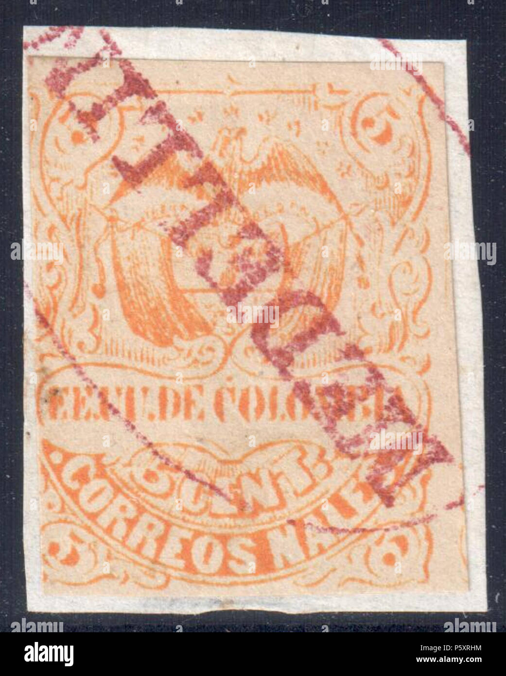 N/A. Inglese: Colombia 1870 5c arancione, legato al frammento piccolo dal rosso di "EDELLÍN' annulla. Catalogo: Sc. 62 Mi. 59 Carta: carta velina bianca unwtmk perforazione: imperforated Stampa: litografia stampante: Ayala Medrano Stampa Ltd, Bogotà . 1870. Il governo colombiano 367 Colombia 1870 SC62 Foto Stock