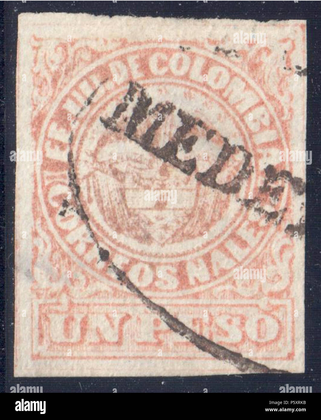 N/A. Inglese: Colombia 1879 1 peso orizzontalmente carta vergata, rosso pallido, utilizzato "EDE(LLIN)'. Firmato. Catalogo: Sc. 84, Yv. 58a, SG 164 . 1879. Il governo colombiano 367 Colombia 1879 SC84u Foto Stock