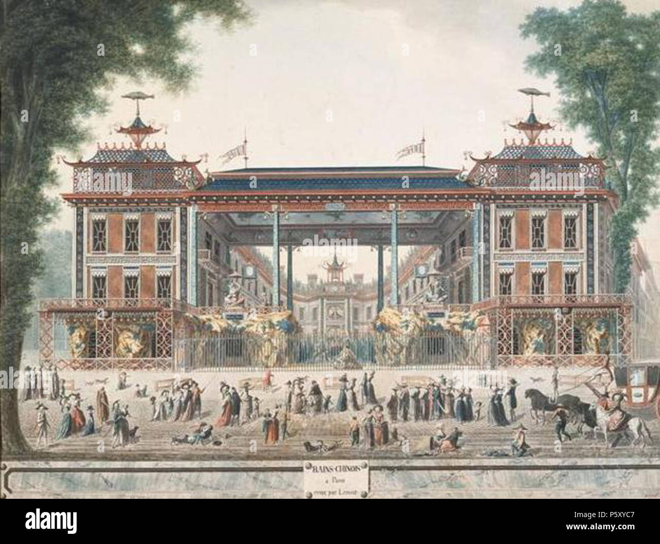 N/A. Français : Les Bains chinois, construits sur à l'emplacement du 29 Boulevard des Italiens à Paris par l'architecte Nicolas Lenoir en 1787, abritaient, outre des Bains, Onu Ristorante, café delle nazioni unite onu et magasin de mode. Ils furenti détruits en 1853. Tra il 1785 e il 1795. Sansone Nicolas Lenoir (1726-1810) 162 Bains chinois - Boulevard des Italiens Foto Stock