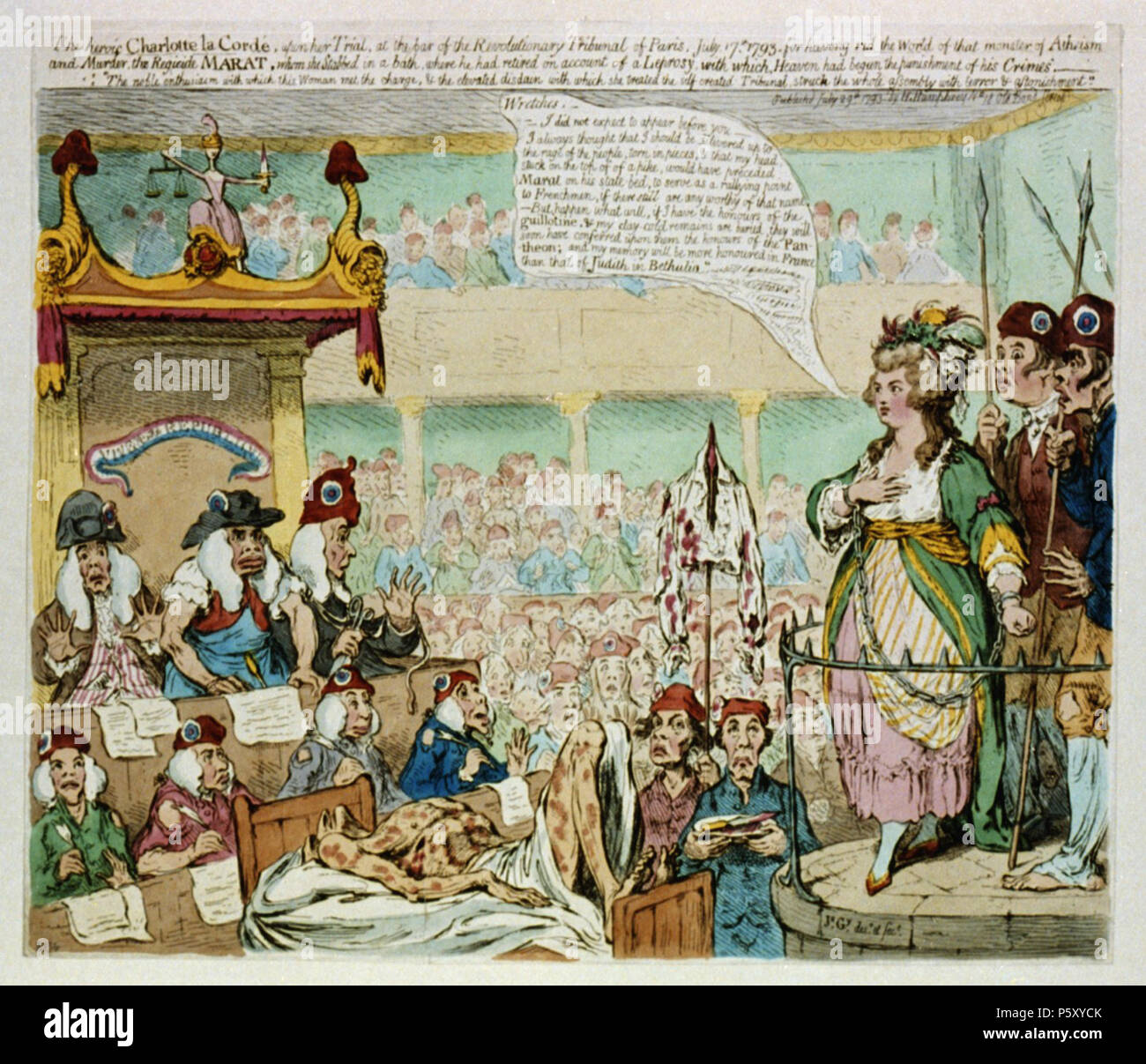 N/A. Inglese: l eroica Charlotte la Cordé, sulla sua prova,... / Js. Gy., desn. et fect. L'interno del tribunale rivoluzionario affollato di figure. Charlotte Corday (destra) si trova presso il bar, un rilievo circolare piattaforma di pietra, i suoi polsi legati da una catena, rivolgendosi ai suoi giudici (sinistra), che ascoltano con allarme, così come gli spettatori e i due ruffians holding spears che stare dietro a lei.... 1 stampa : incisione, colore. [Inghilterra] : pubblicato il 29 Luglio 1793 da H. Humphrey, n. 18 Old Bond Street, 1793. Français : 'L'héroïque Charlotte la Cordé durant son procès...' Charlotte Corday (à dr Foto Stock