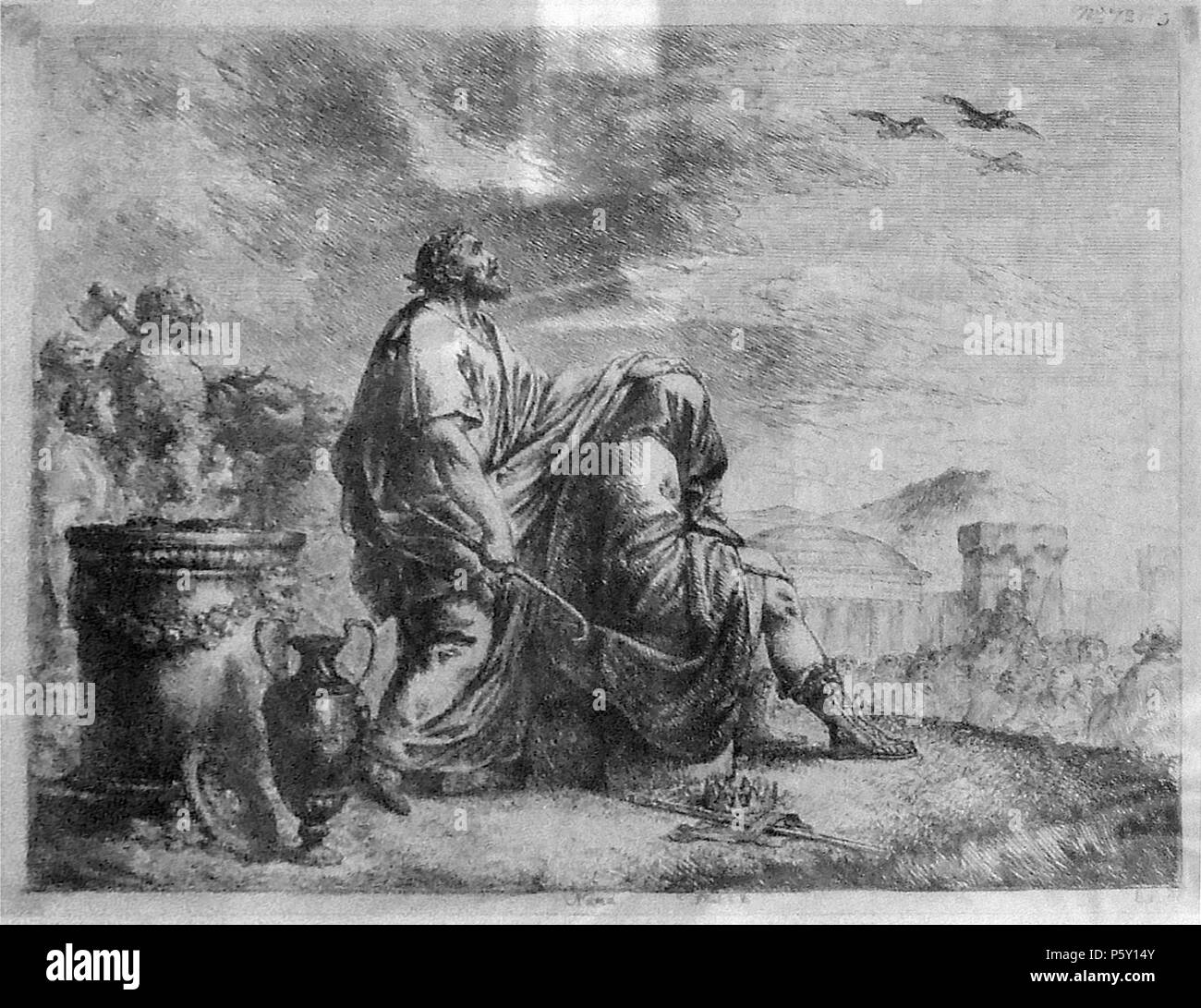 N/A. Deutsch: Ein Augure erklärt Numa Pompilio nach dem des Orakel Vogelfluges zum König, Radierung von Bernhard Rode 1768-69. Numa verhülltem mit Angesicht wird von dem Wahrsager aus dem Fluge der Vögel für einen glücklichen König erklärt. incisione: 1768-69; foto: 2009.01.17. illustrazione: Bernhard Rode (1725-1797) nomi alternativi Rode, Christian Bernhard; Rode, Christian Bernhardt Descrizione pittore tedesco Data di nascita e morte 25 Luglio 1725 24 Giugno 1797 Luogo di nascita e morte Berlin Berlino sede di lavoro Berlino, Deutsch: Gut Neuhaus (Holstein) Autorità di controllo : Q465314 VIAF:5441 Foto Stock